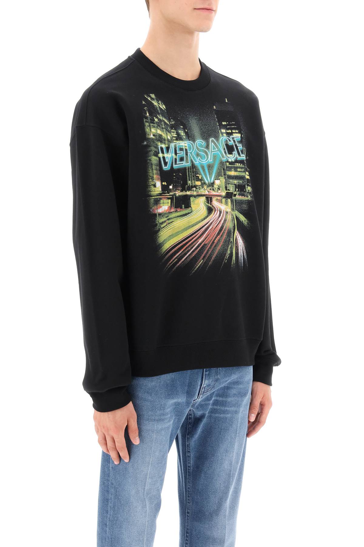 Shop Versace Crew-neck Sweatshirt With City Lights Print In Black Print (black)