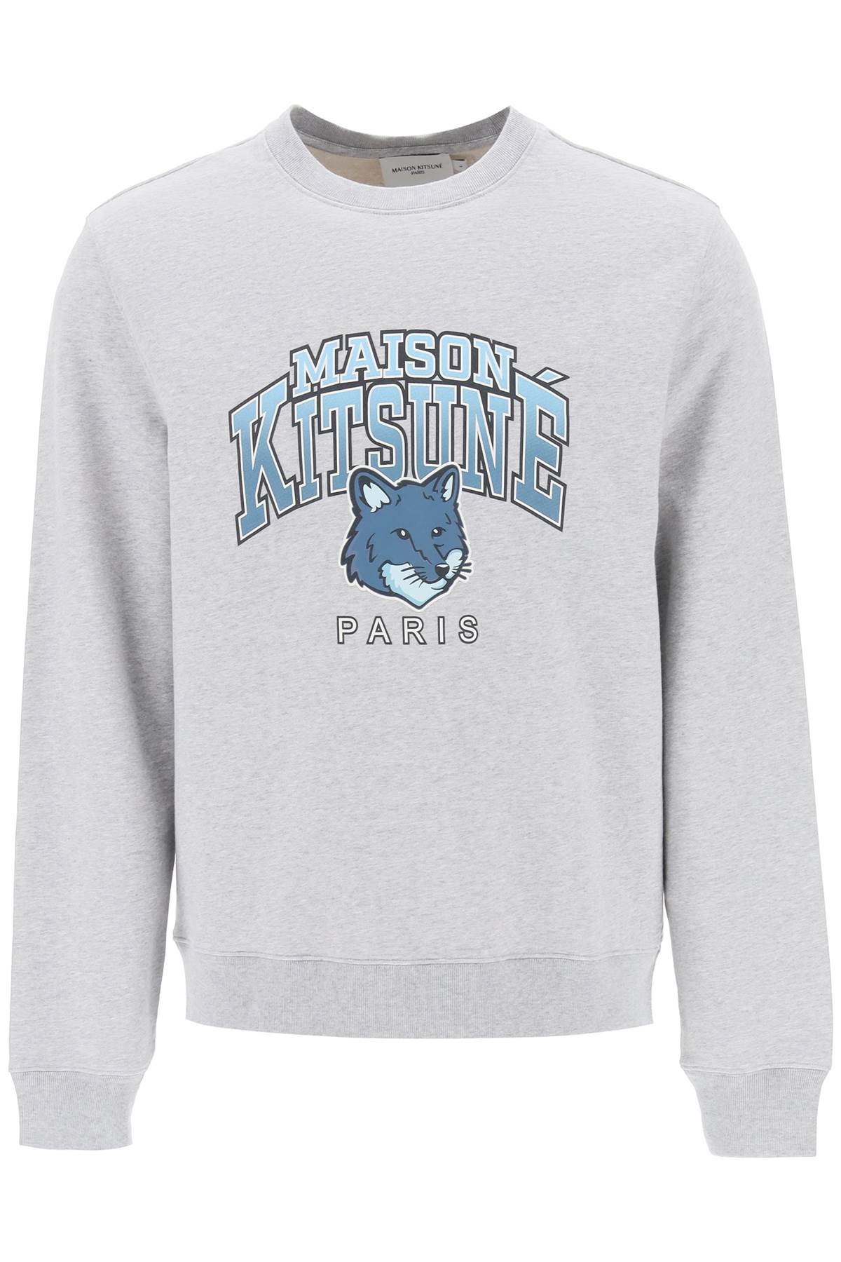 Shop Maison Kitsuné Crew-neck Sweatshirt With Campus Fox Print In Light Grey Melange