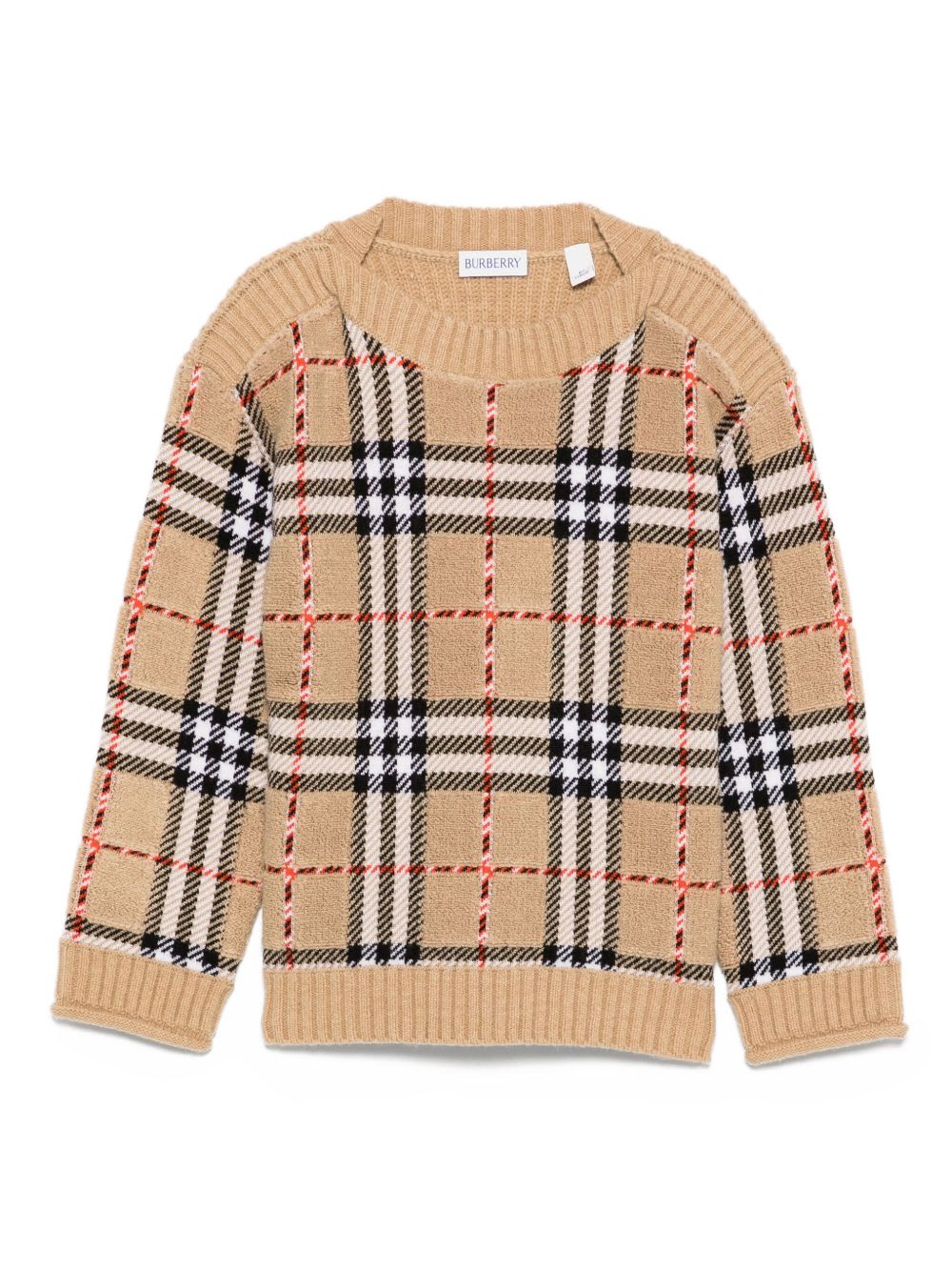Burberry Kids Beige Signature Check Pattern Long Sleeves Crew Neck Wool Knitted In Brown