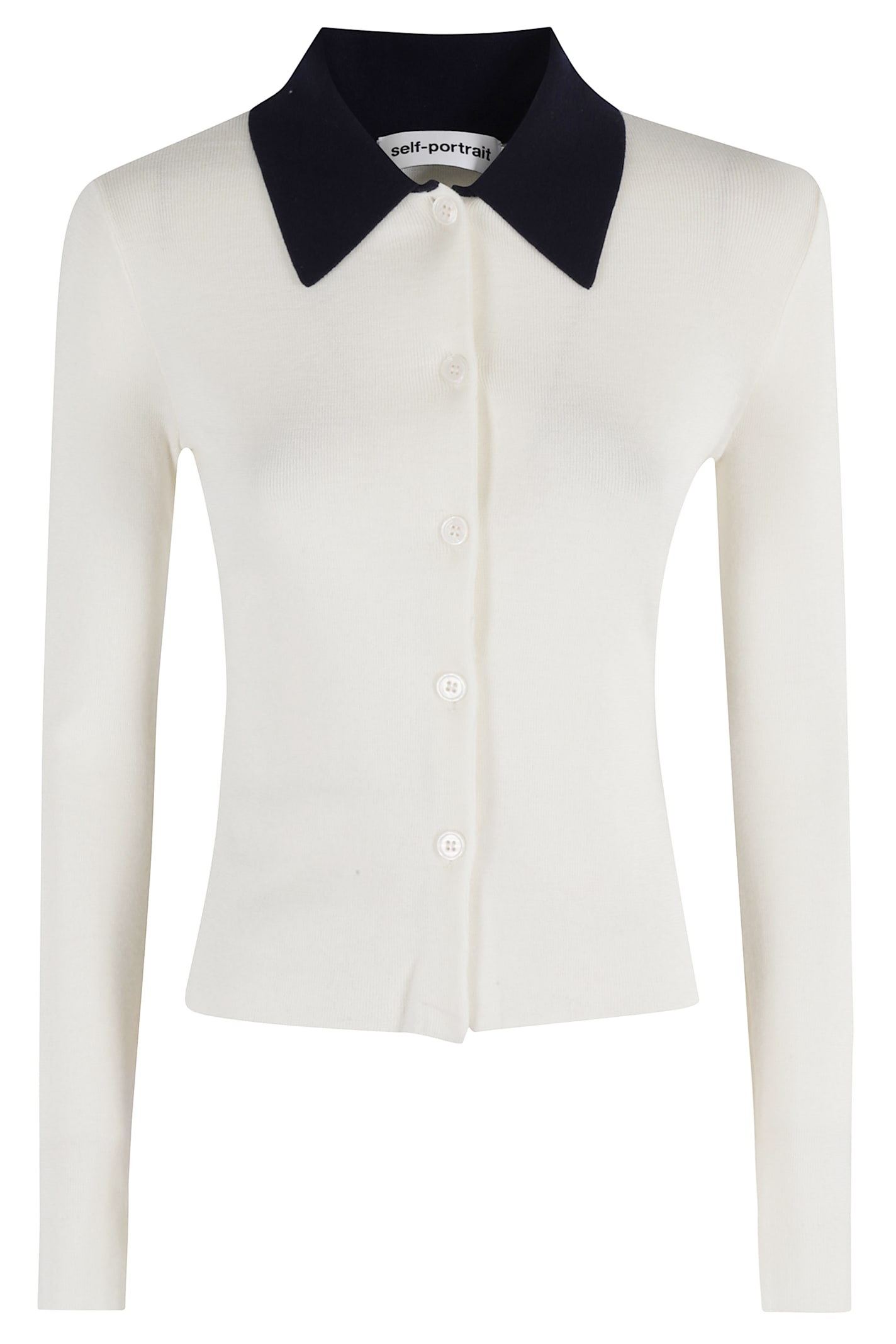 Self-portrait Button-front Cream Merino Wool Cardigan With Contrasting Collar In Neutral