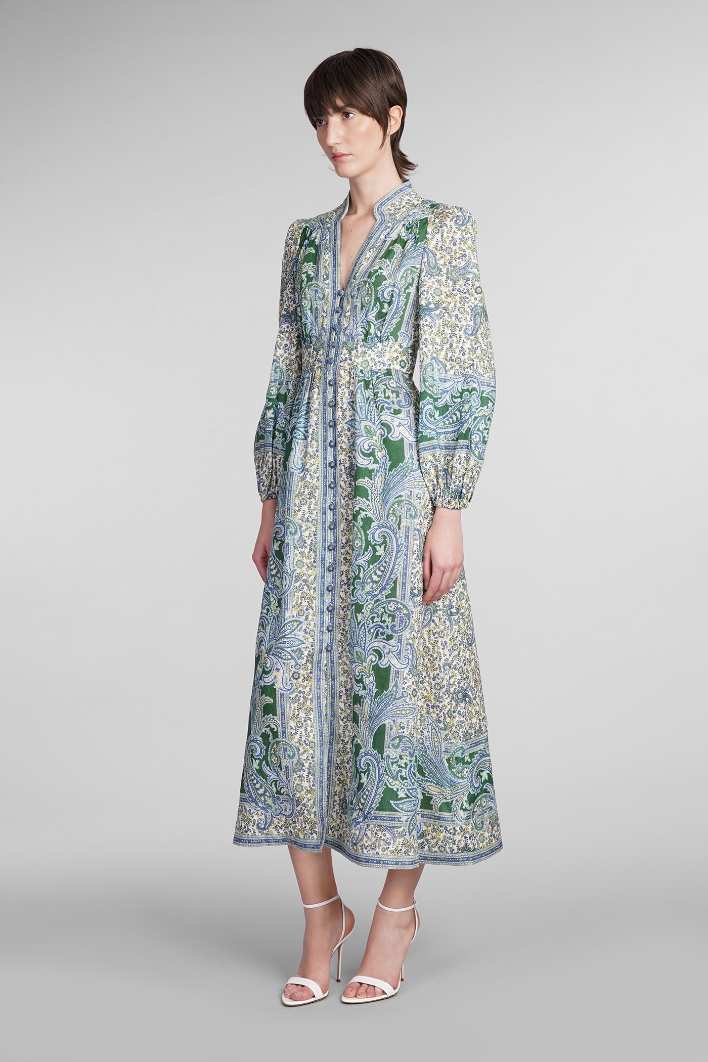 Shop Zimmermann Dress In Green Linen In Green Paisley