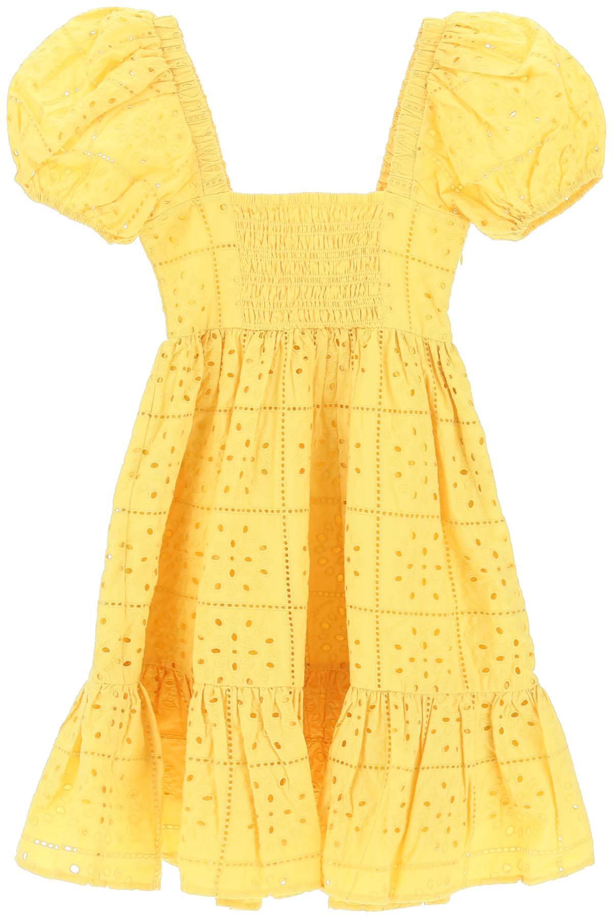Ganni Broderie Mini Dress In Yellow