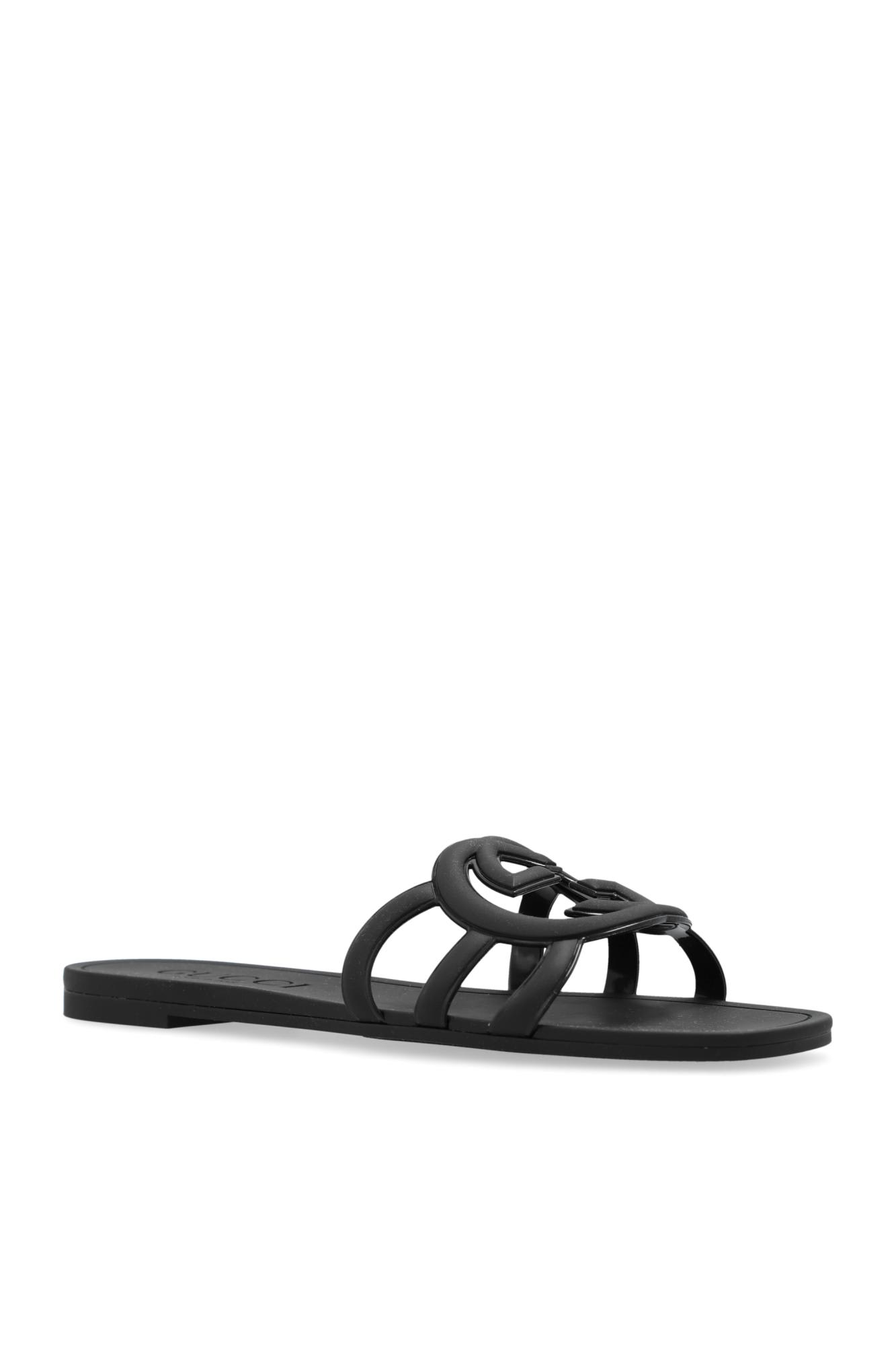 Gucci Gg Slider Sandals With Square Open Toe In Black