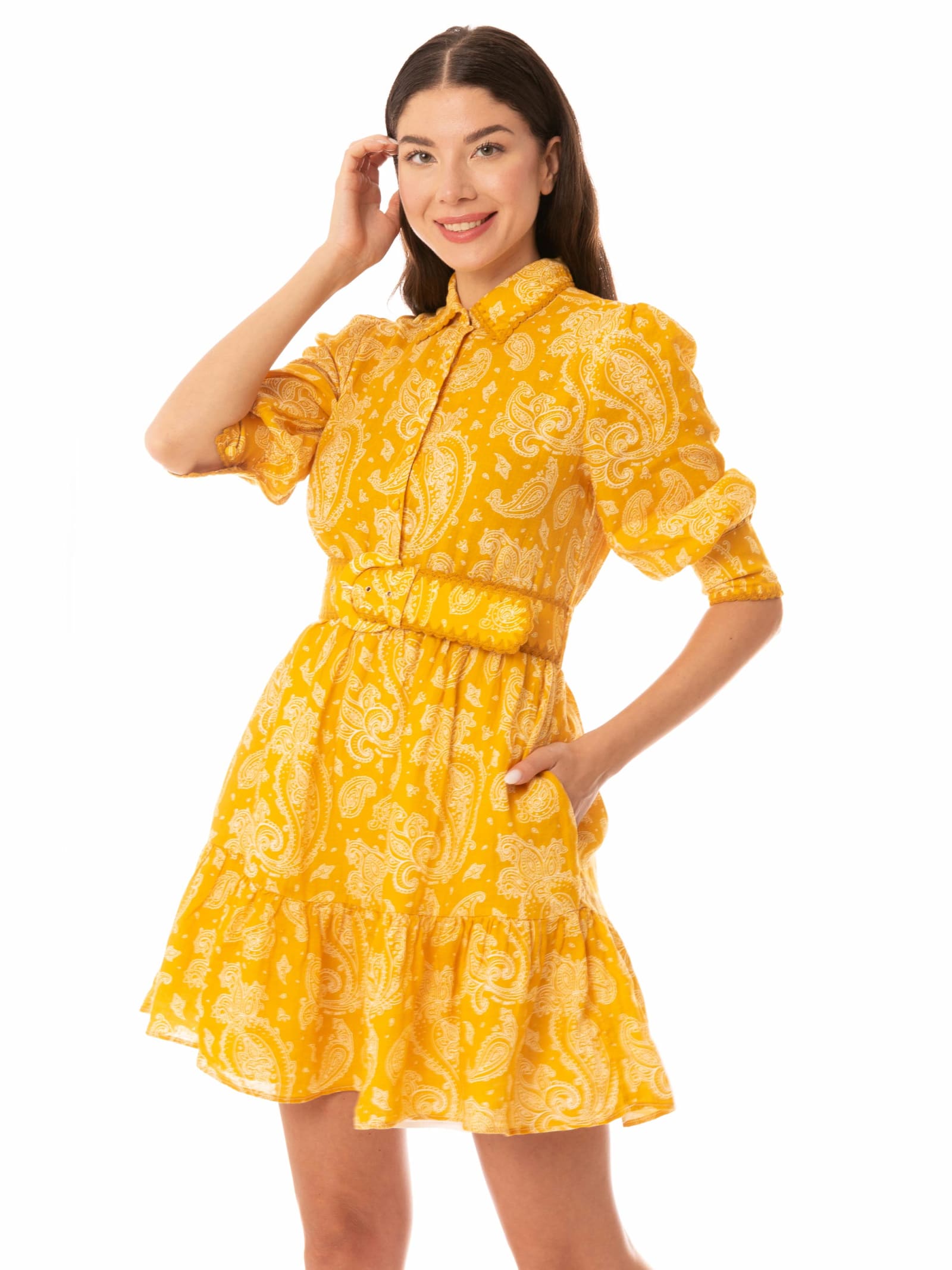 Mc2 Saint Barth Paisley Print Linen Short Dress In Yellow