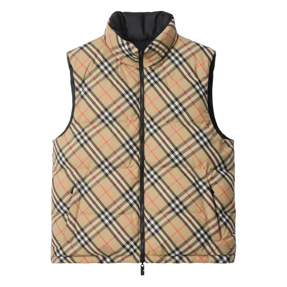 Burberry Beige Sleeveless Reversible Down Jacket With High Neck And All-over Check Motif In Tech Fabric Man In Neutral