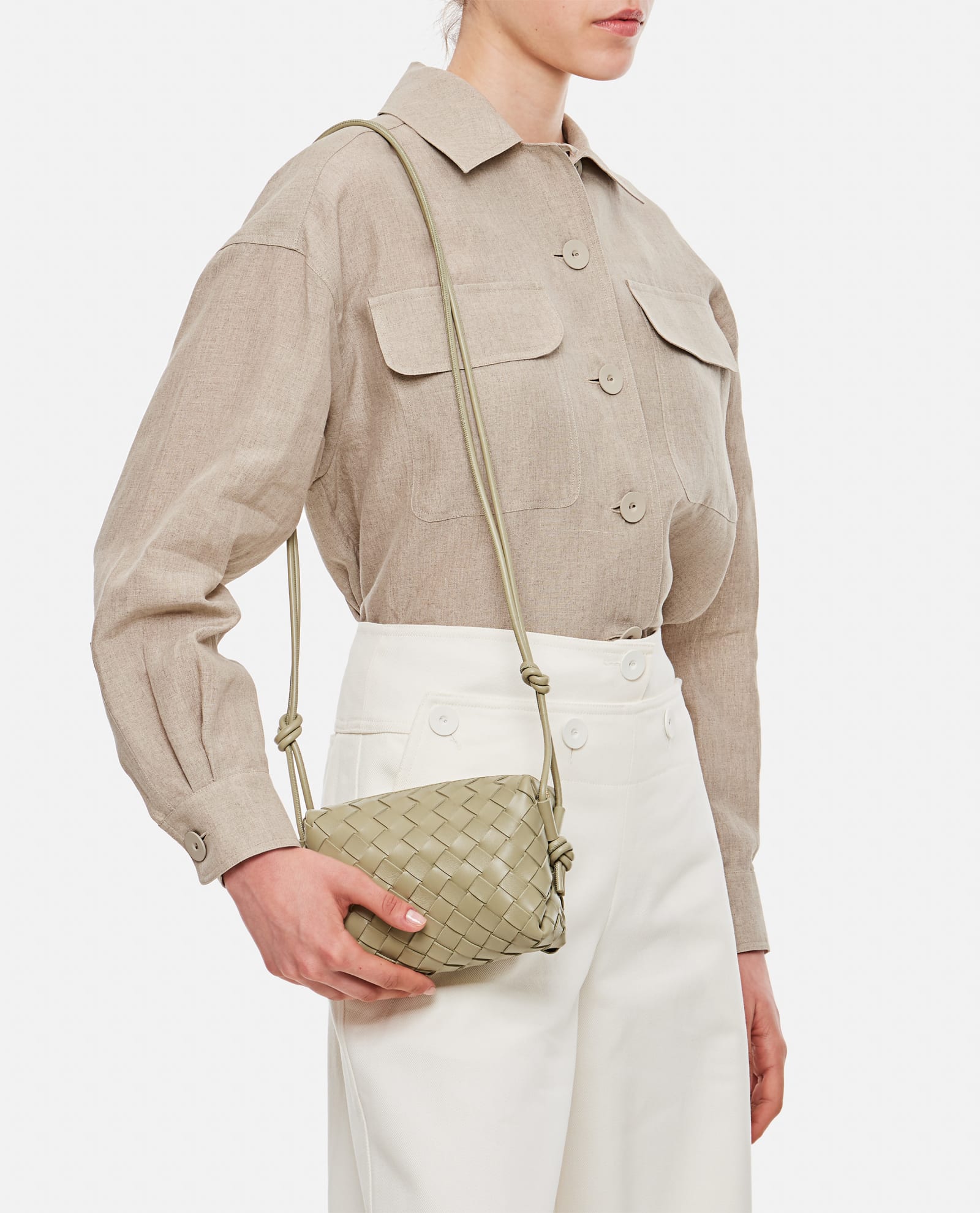 Shop Bottega Veneta Mini Loop Leather Crossbody Bag In Beige