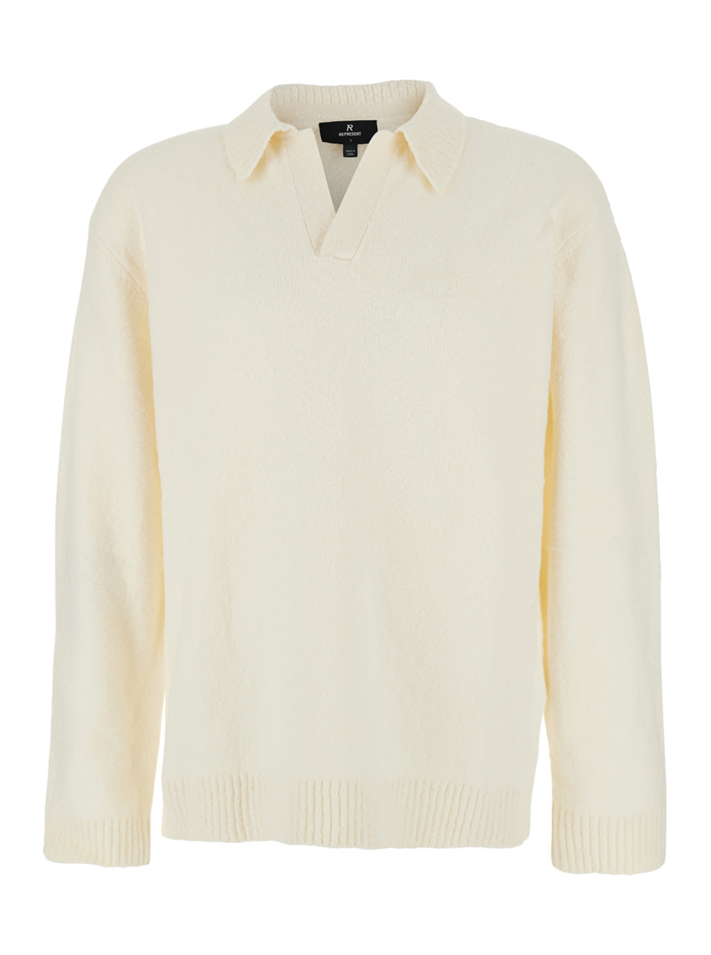 Represent White Long-sleeve Polo Shirt With Classic Collar And Ribbed Trims In Cotton Blend Stretch Man In Neutral