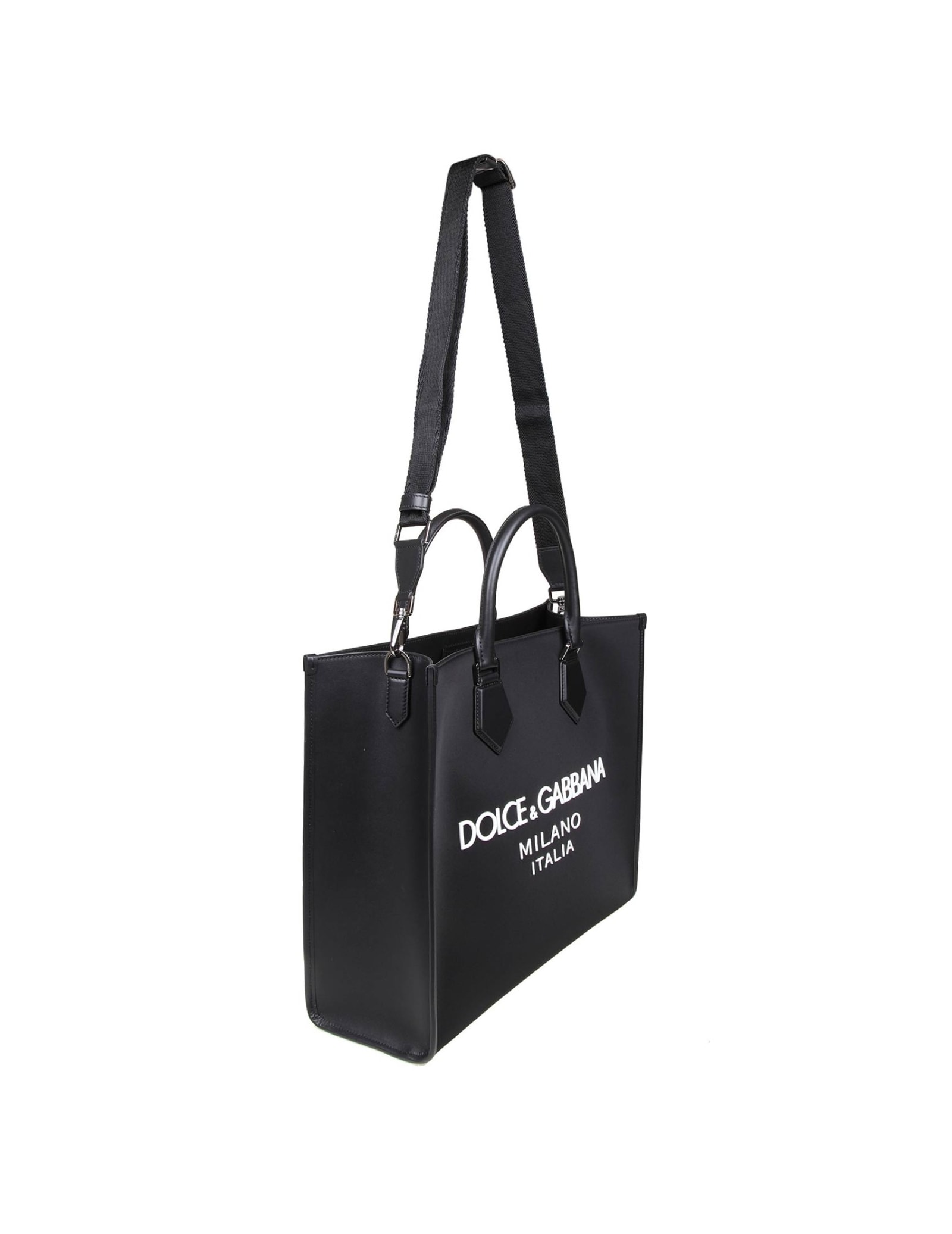 Shop Dolce & Gabbana Shopping Bag In Fabric With Rubber Logo In Black / Black