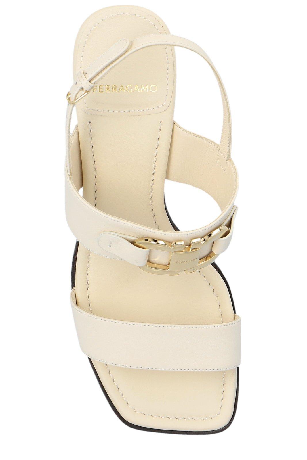 Shop Ferragamo Gancini-buckle Square-toe Sandals In White