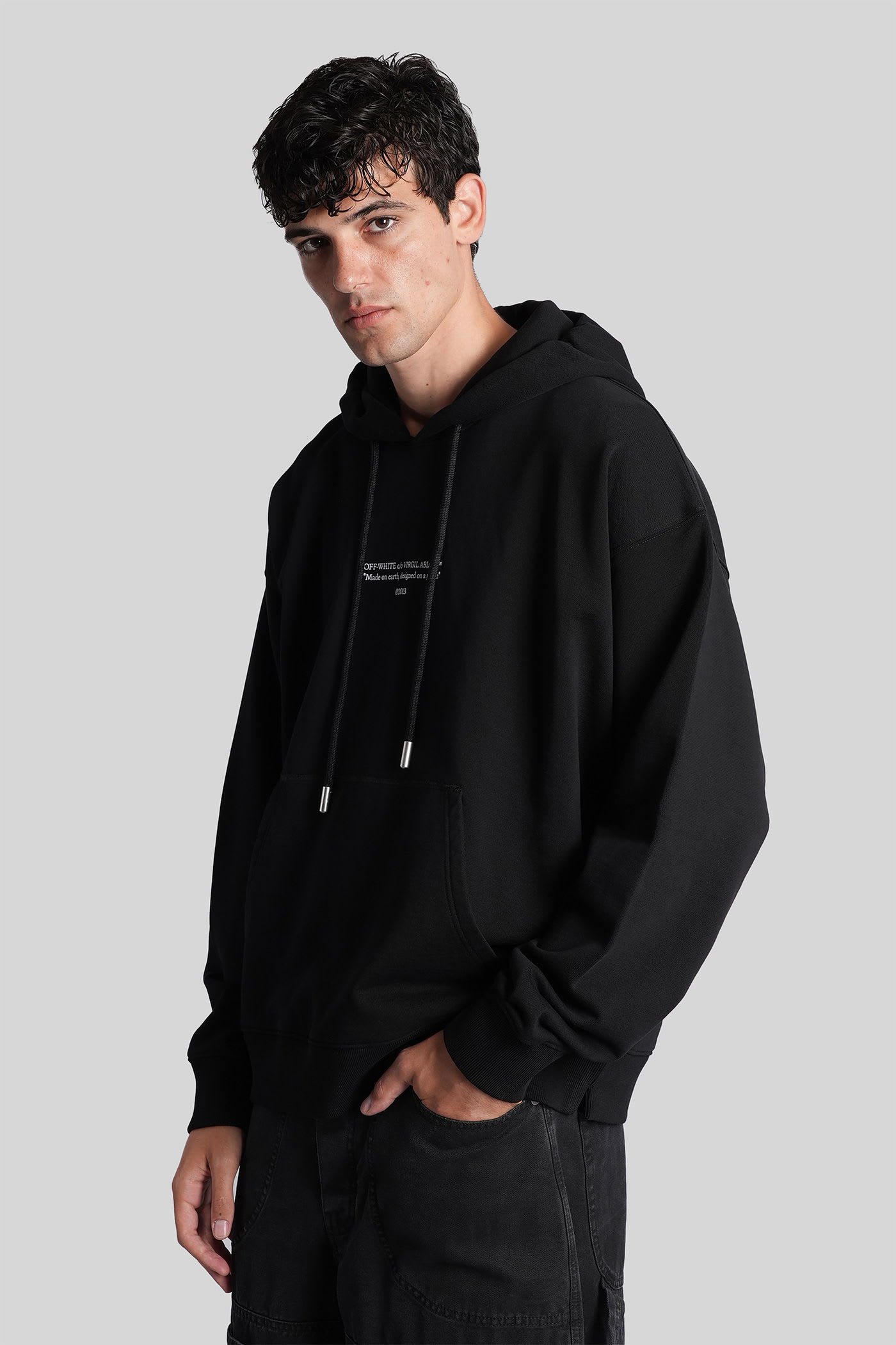 Off-white Logo Printed Drawstring Hoodie In Black