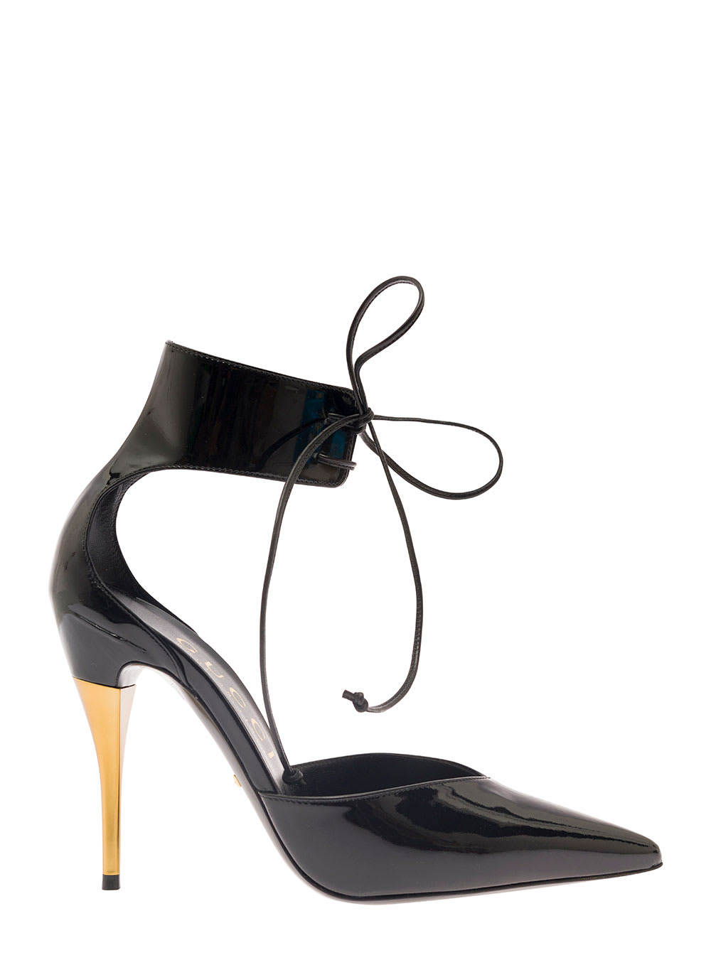 GUCCI PRISCILLA BLACK PUMP WITH ANKLE CUFF AND METAL EFFECT HEEL IN PATENT LEATHER WOMAN