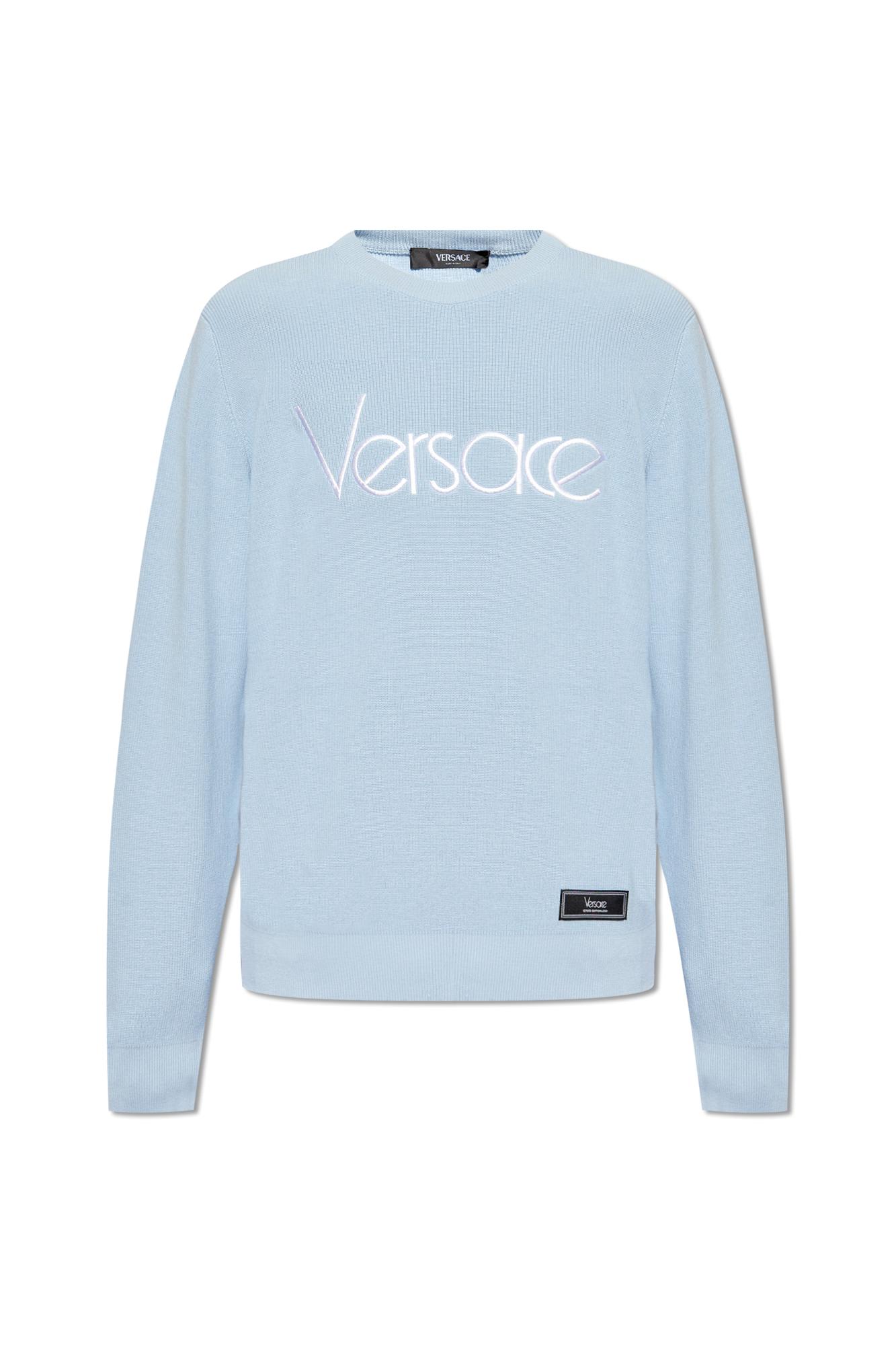 Versace Sweater With Logo In Pastel Blue