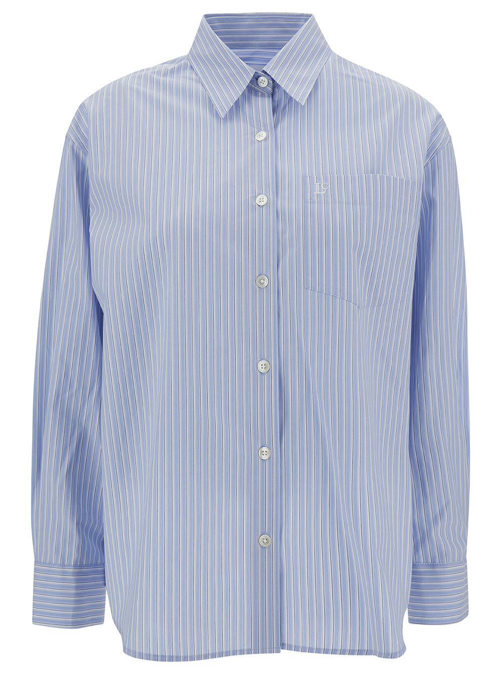 Shop Low Classic Light Blue Relaxed Striped Shirt With Embroidered Logo In Cotton Woman