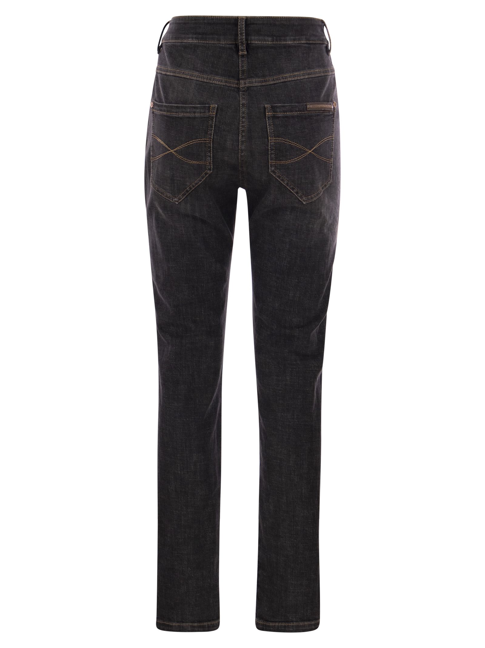Brunello Cucinelli Slim Pants In Stretch Denim With Shiny Leather Tab In Grey