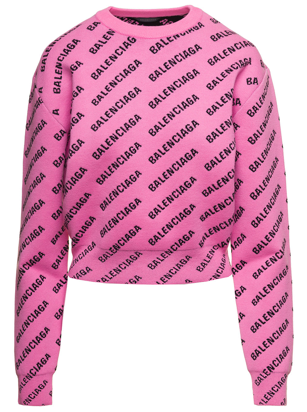BALENCIAGA PINK CROPPED SWEATER WITH ALL-OVER MINI LOGO IN COTTON AND WOOL BLEND WOMAN