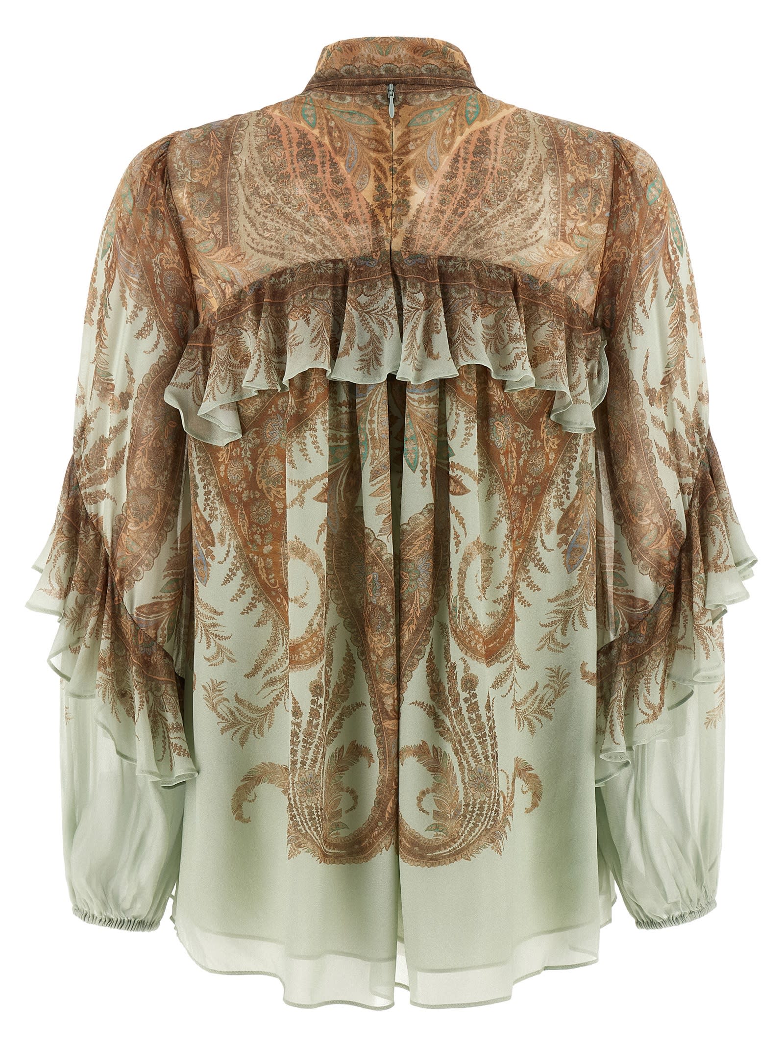 Zimmermann Memento Flutter Paisley Pussy Bow Top In Brown