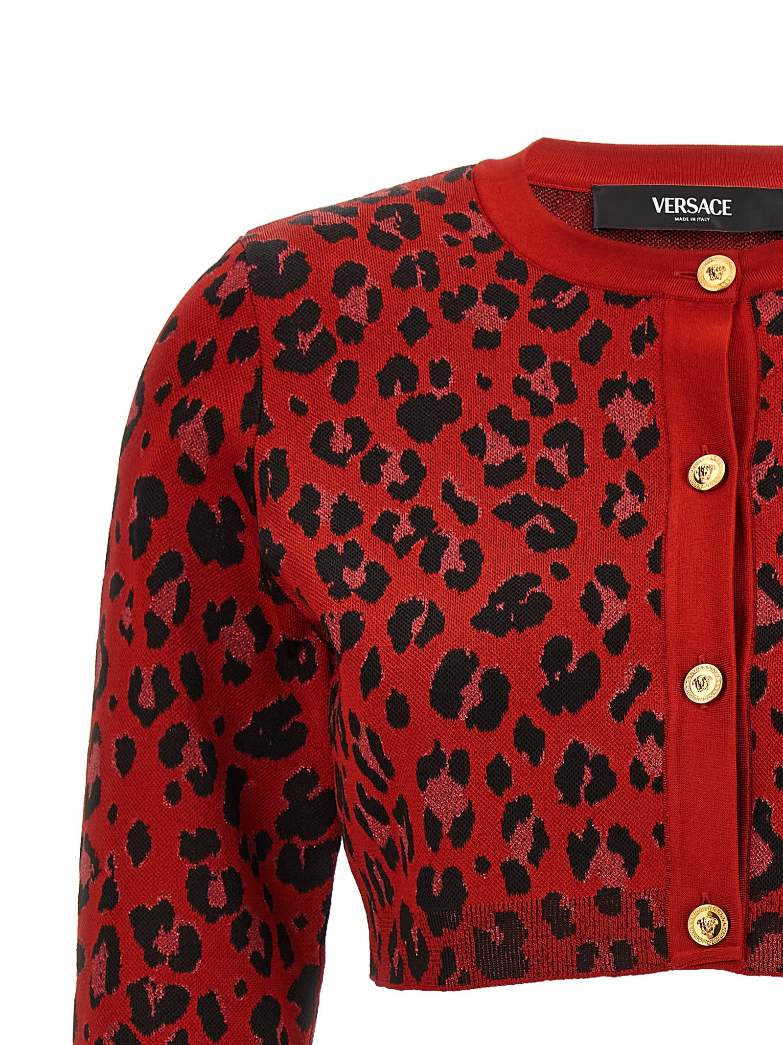 Shop Versace Animal Print Cropped Cardigan In Red