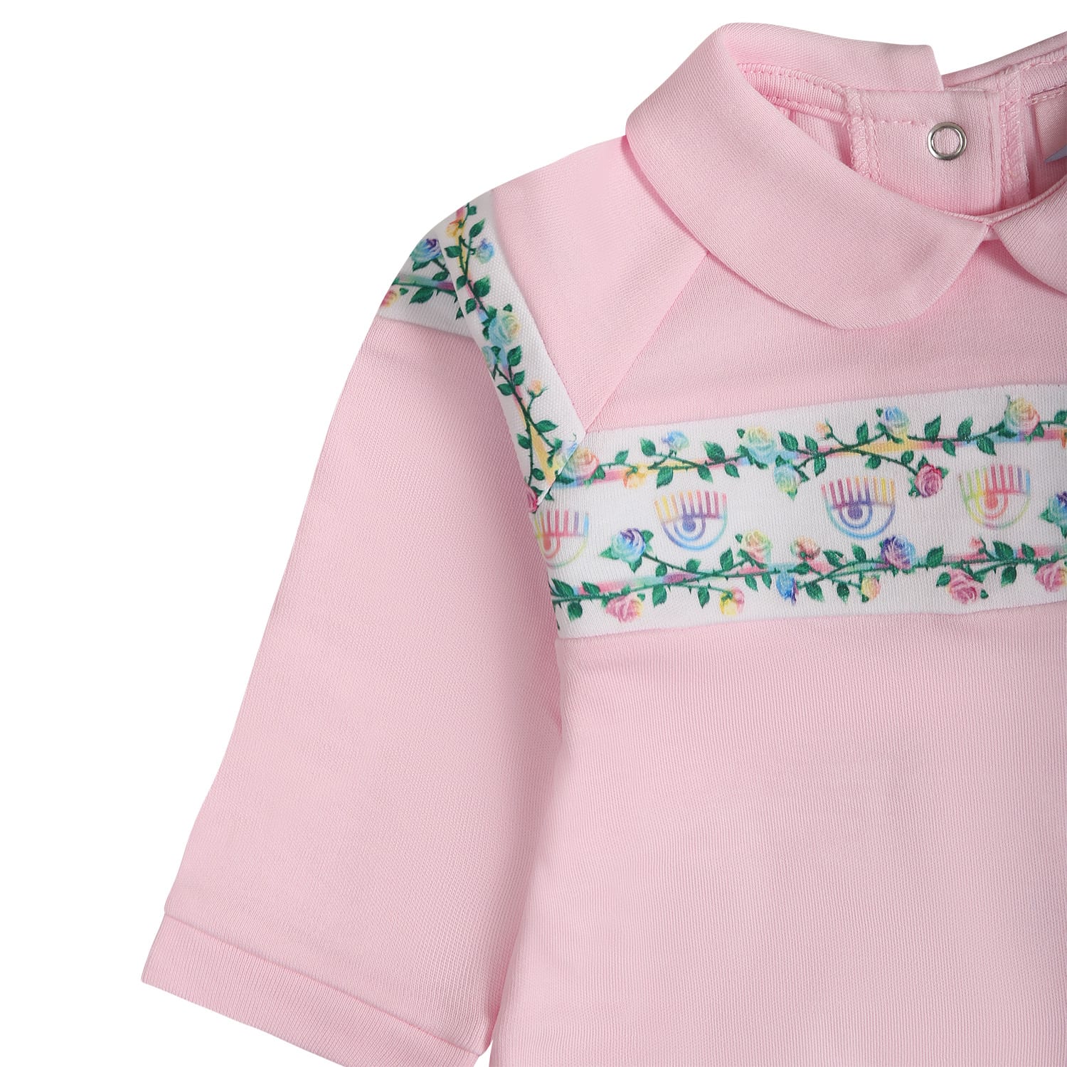 Shop Chiara Ferragni Pink Playsuit For Baby Girl With Flirting Eyes And Multicolor Roses