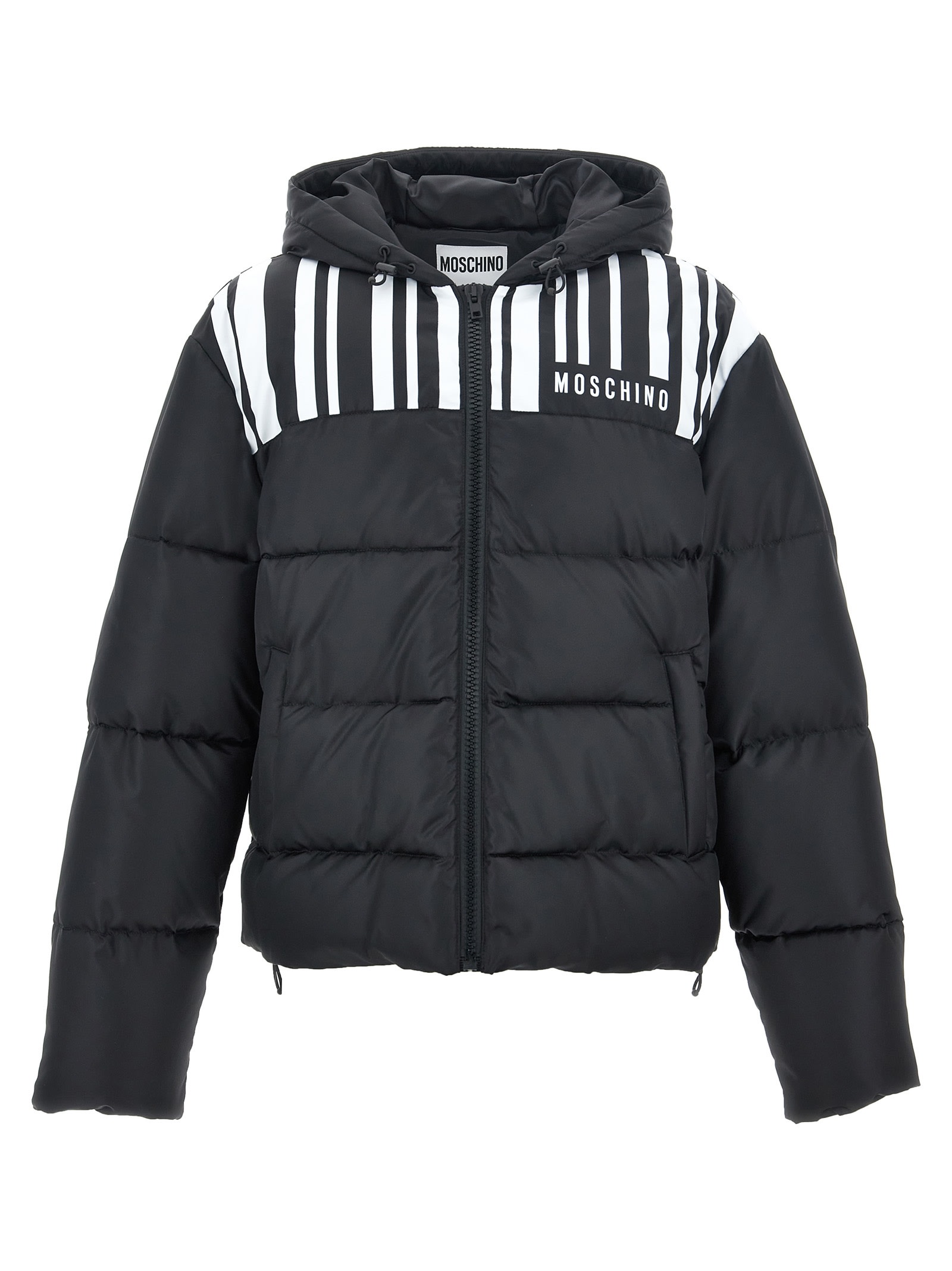 Shop Moschino Contrast Print Down Jacket. In White/black