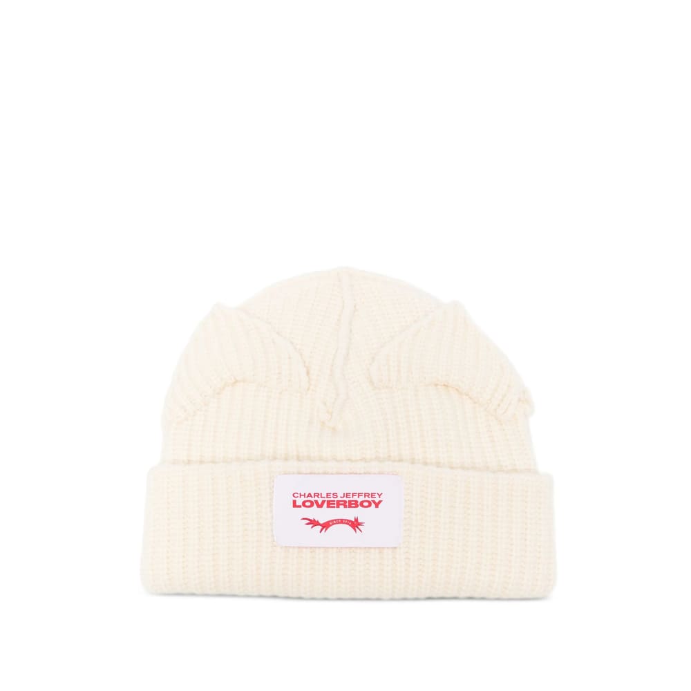 Charles Jeffrey Loverboy Mens Chunky-ear Logo-patch Knitted Wool-blend Beanie Hat Ecru In Neutral