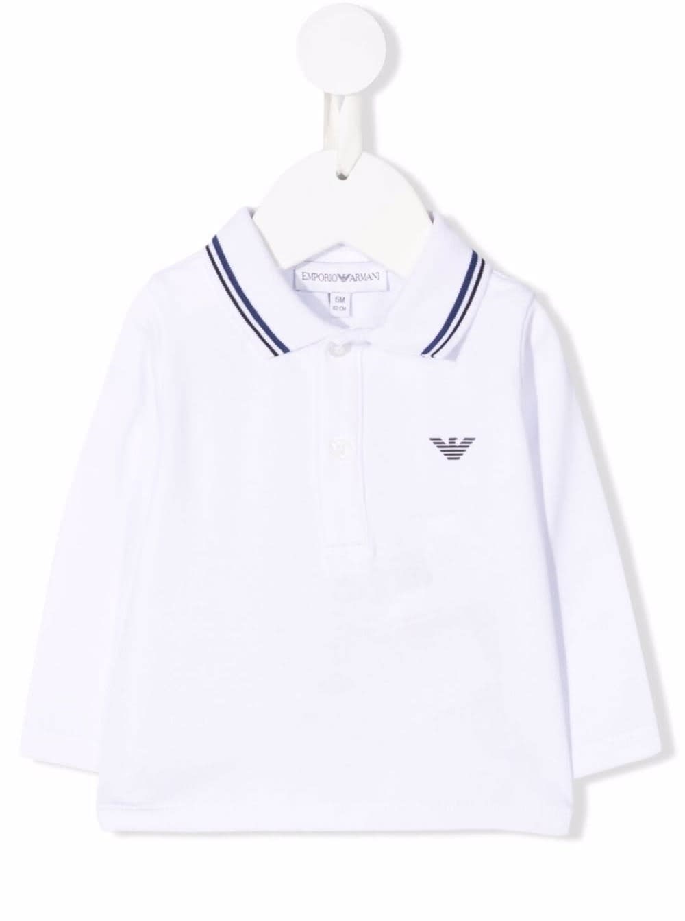EMPORIO ARMANI WHITE POLO SHIRT WITH LOGO PRINT AND STRIPE DETAIL ON COLLAR IN STRETCH COTTON BABY