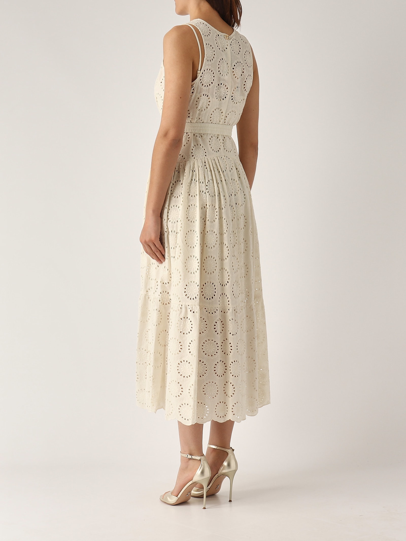 Twinset White Long Dress With V-neck And Waist Belt With Metallic Logo Plaque In Cotton Woman In Neutral