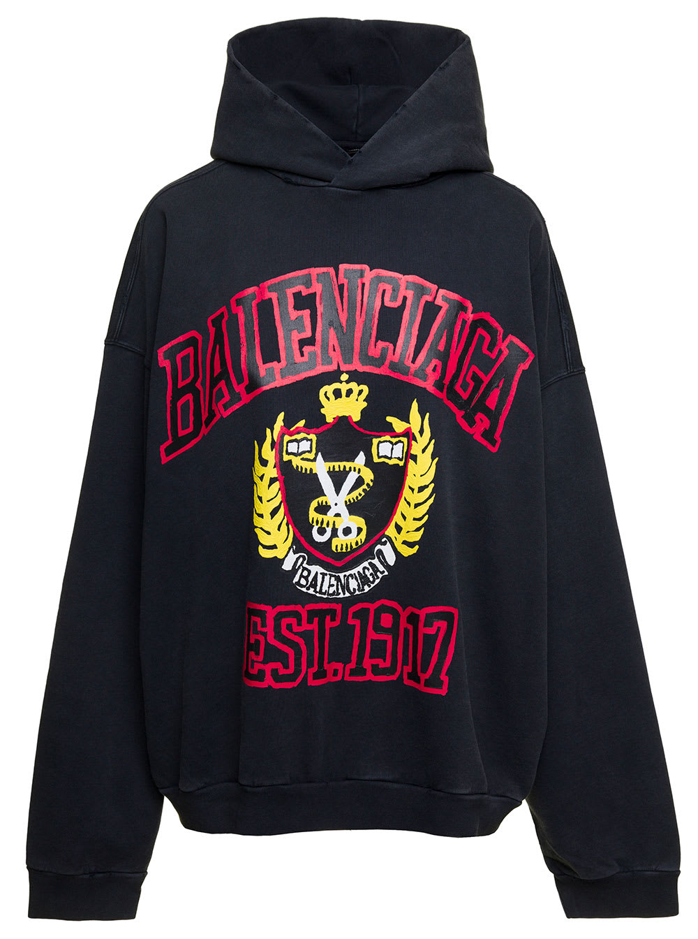 BALENCIAGA BLACK OVERSIZED HOODIE WITH COLLEGE LOGO PRINT IN COTTON WOMAN