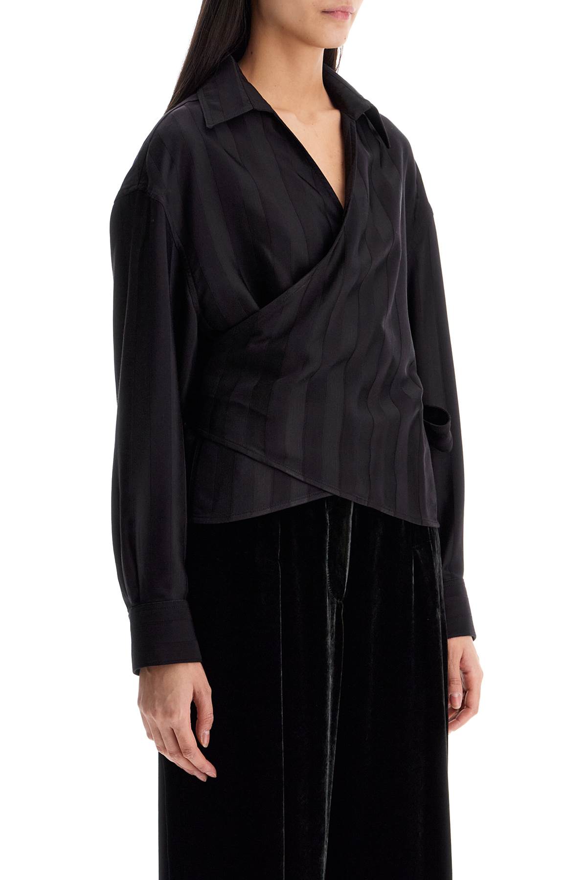 Golden Goose Striped Collared Wrap Top In Night Shade (black)