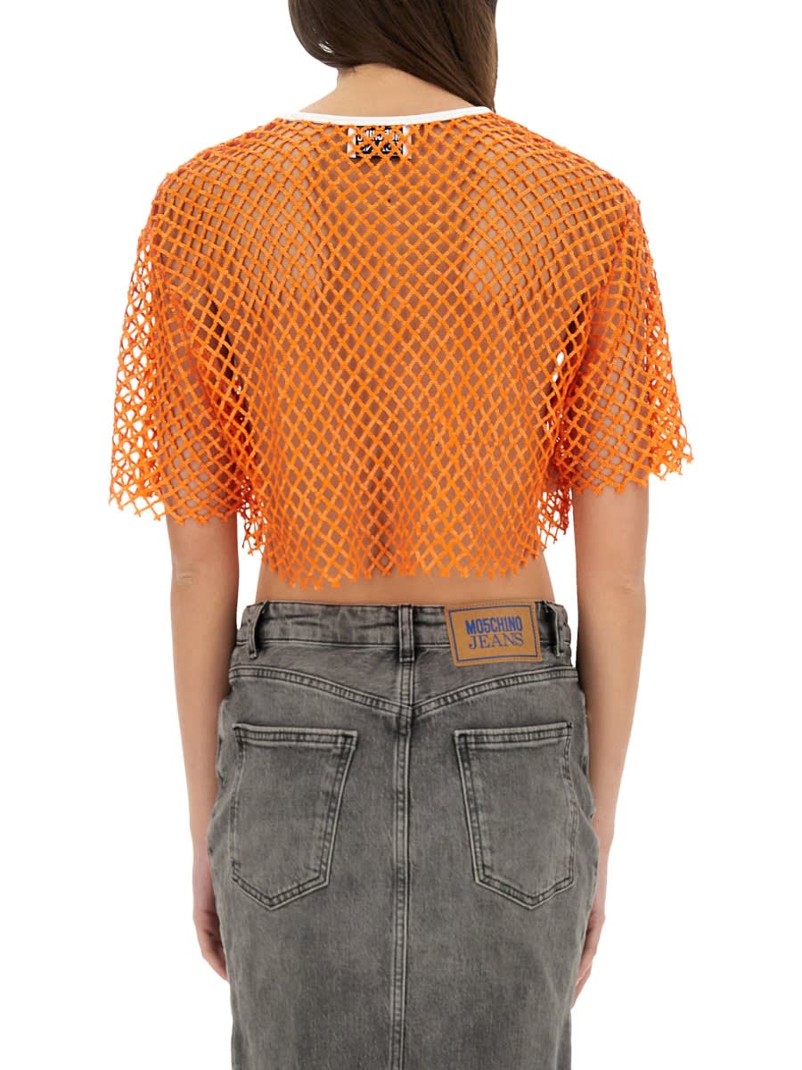 Shop M05ch1n0 Jeans Cropped Mesh Top In Orange