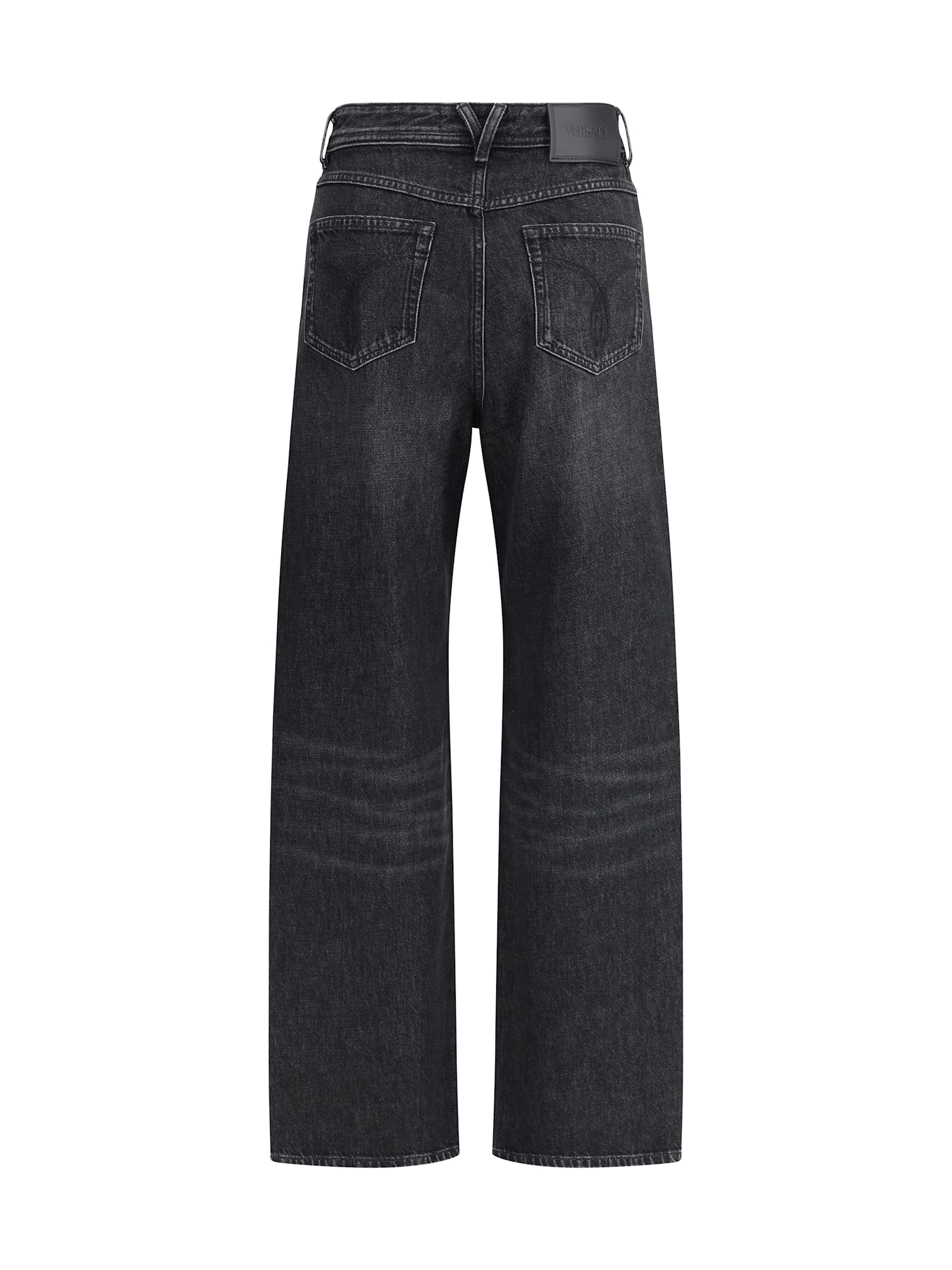 Versace Chainmail-insert Distressed Straight-leg Pants In Blue