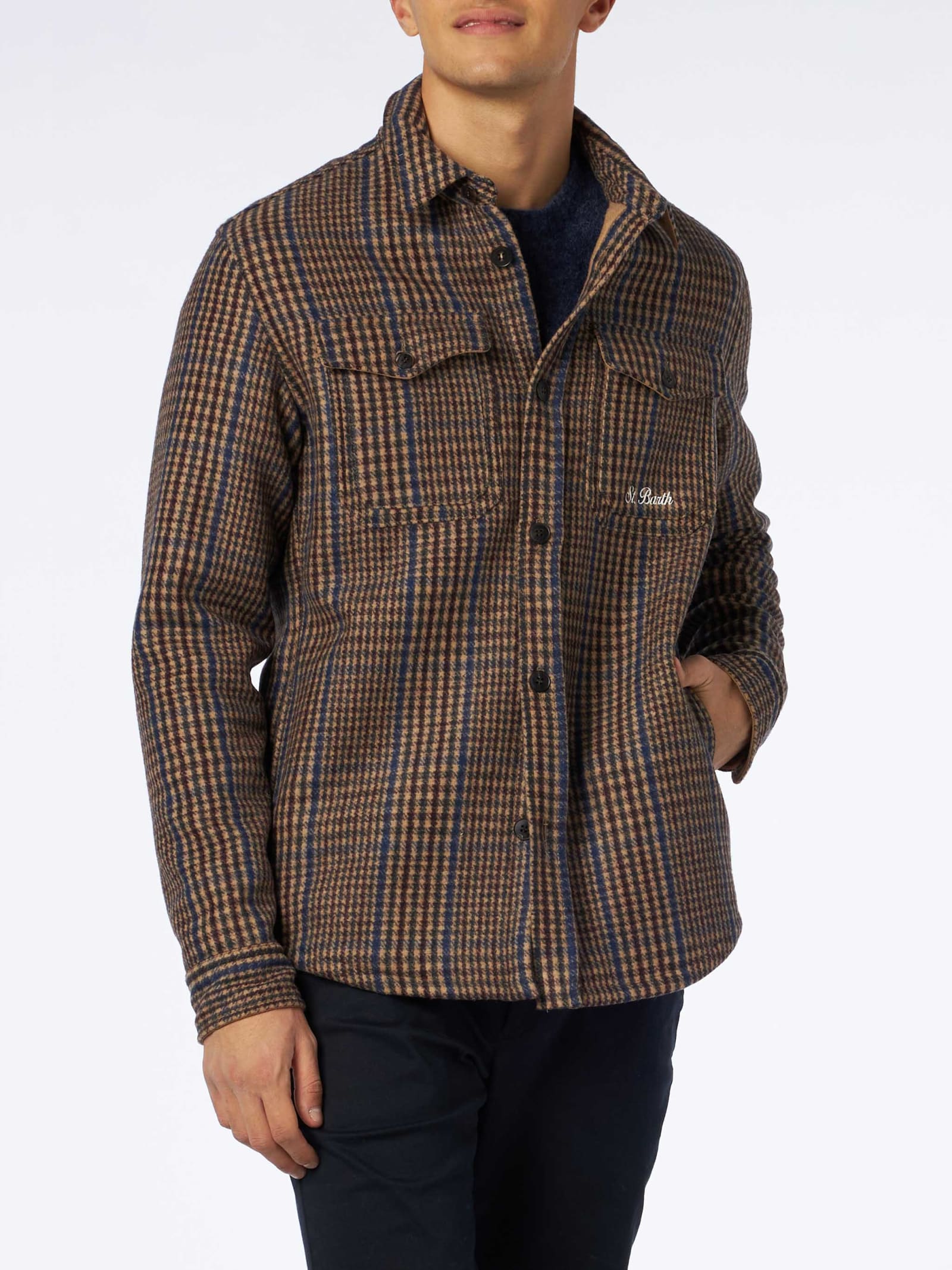 Shop Mc2 Saint Barth Man Wooly Prince Of Wales Overshirt With Pockets And Patches In Brown