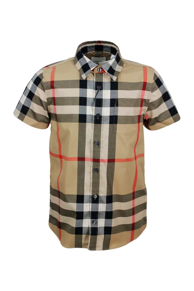 Burberry Short-sleeved Stretch Cotton Shirt With Tartan Check Chest Pocket