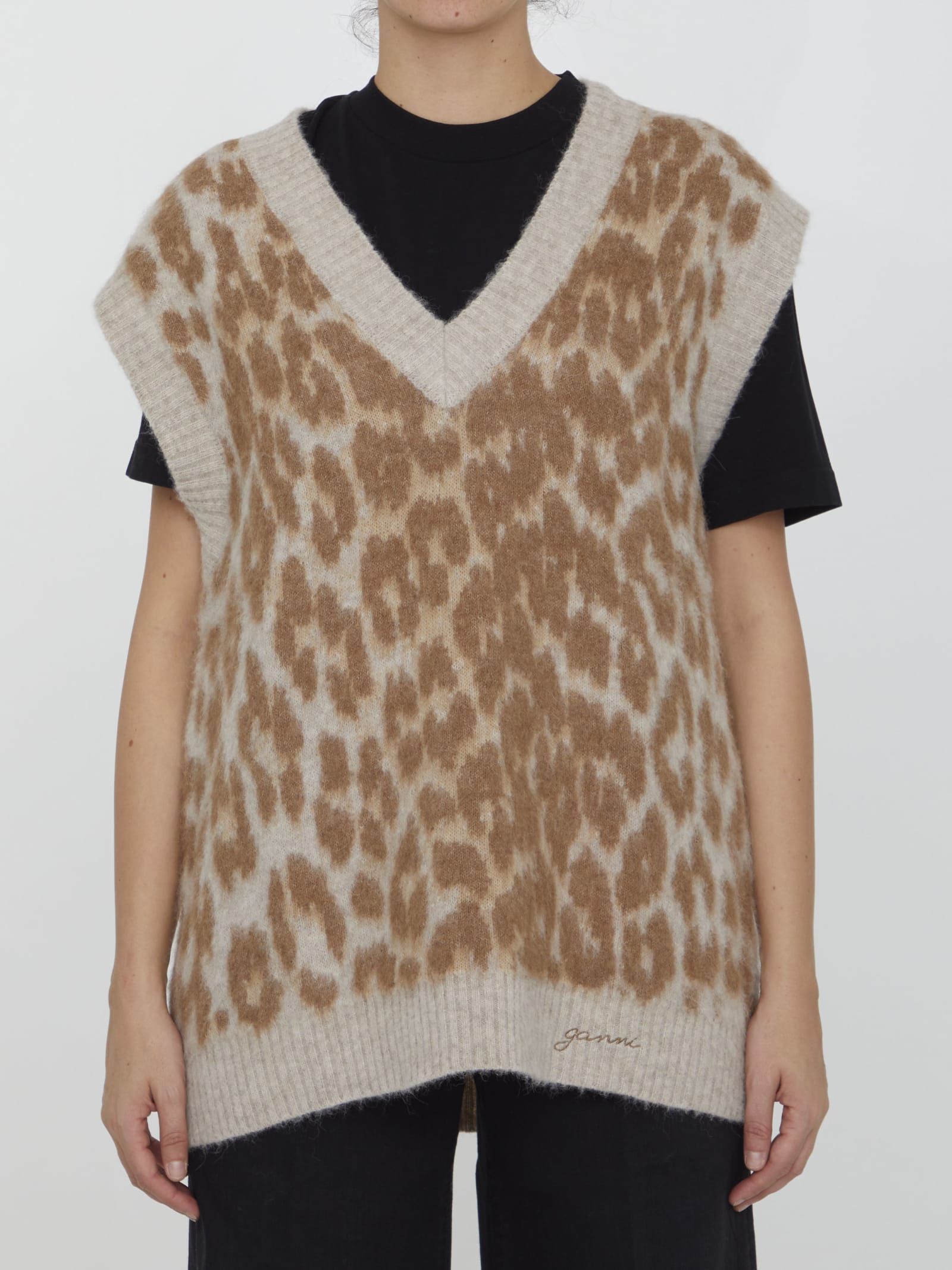 Shop Ganni Leopard Jacquard Vest In Timber Wolf