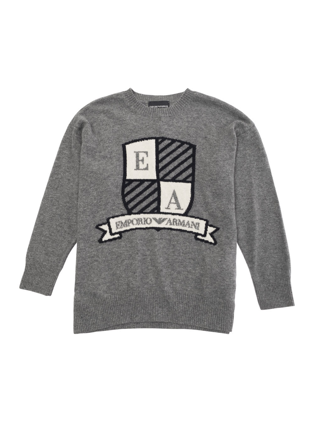 Shop Emporio Armani Grey Sweater With Logo Crest In Wool And Cashmere Blend Boy