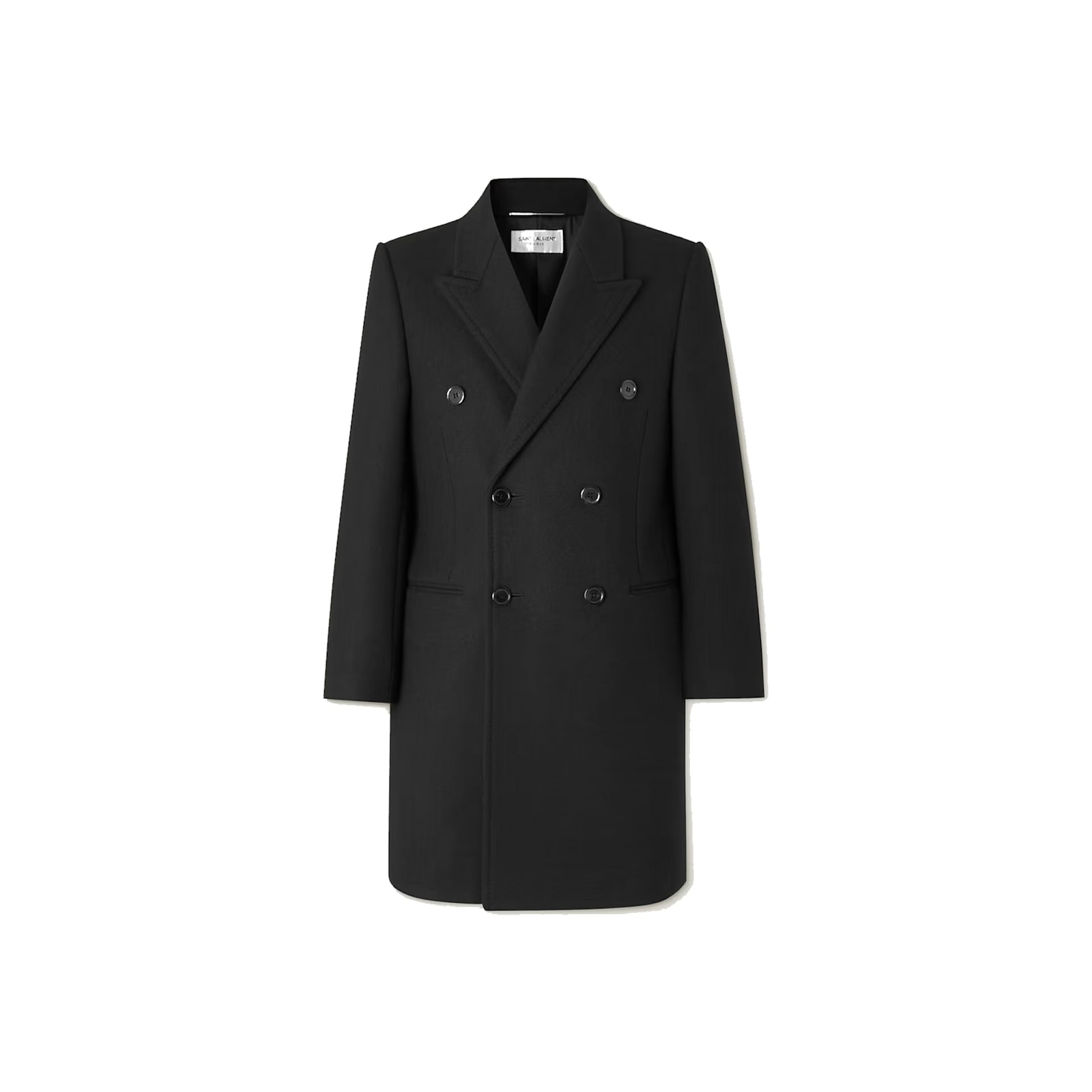 Saint Laurent Double-breasted Wool Coat With Peak Lapels And Padded Shoulders In Black