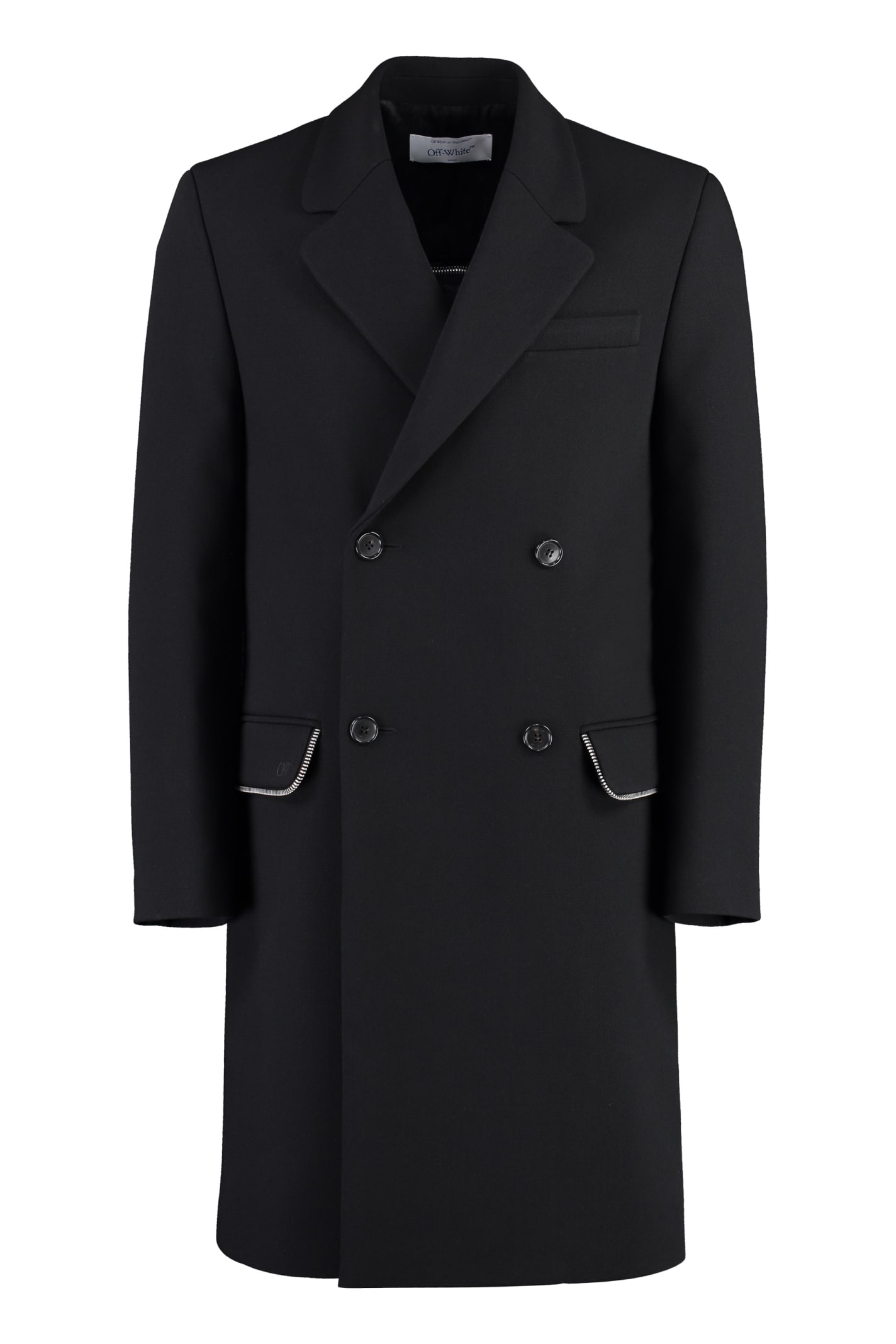 Shop Off-white Double-breasted Virgin Wool Coat In Black