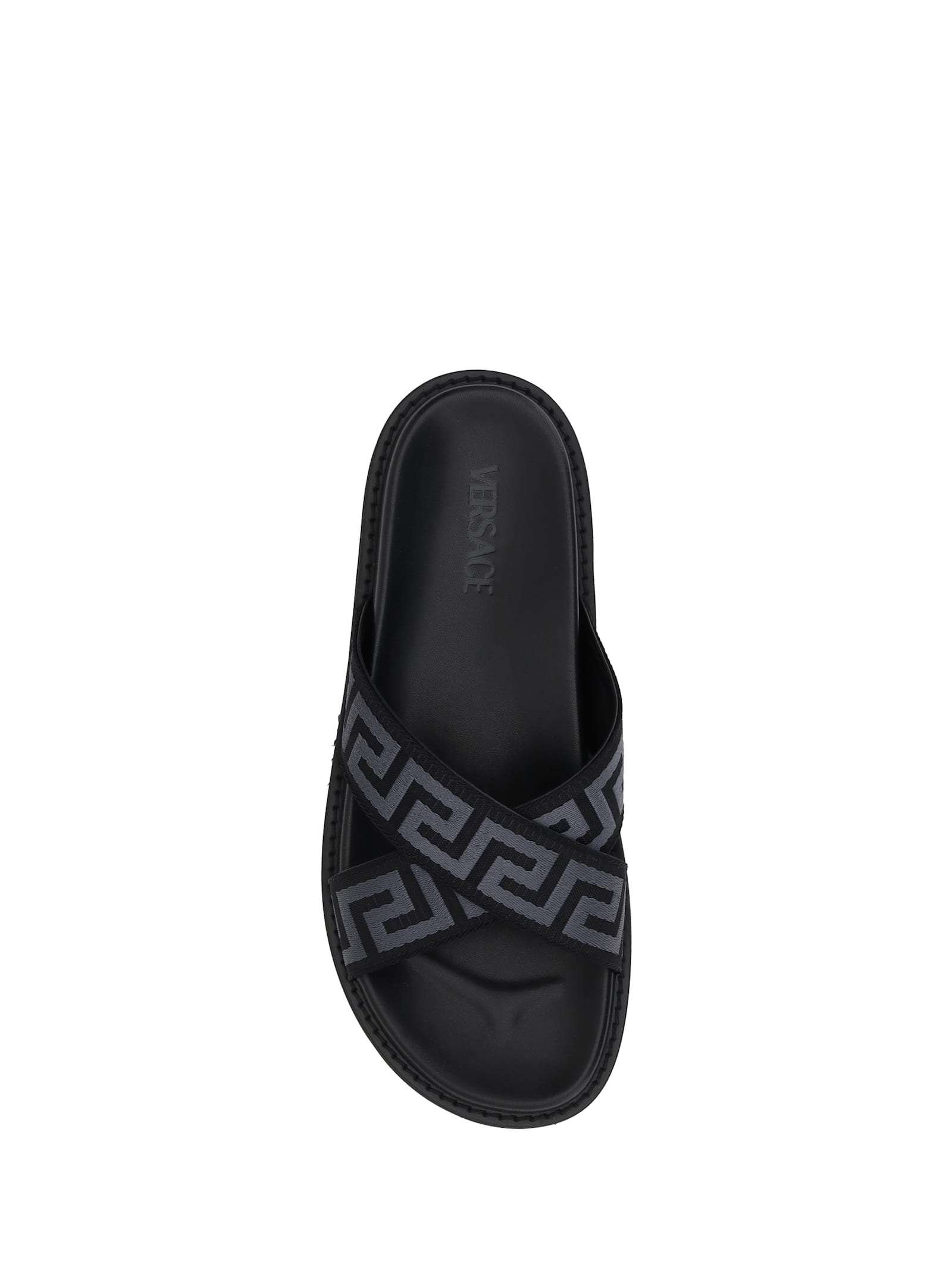 Versace Greca Jacquard Flat Slides In Black +anthracite