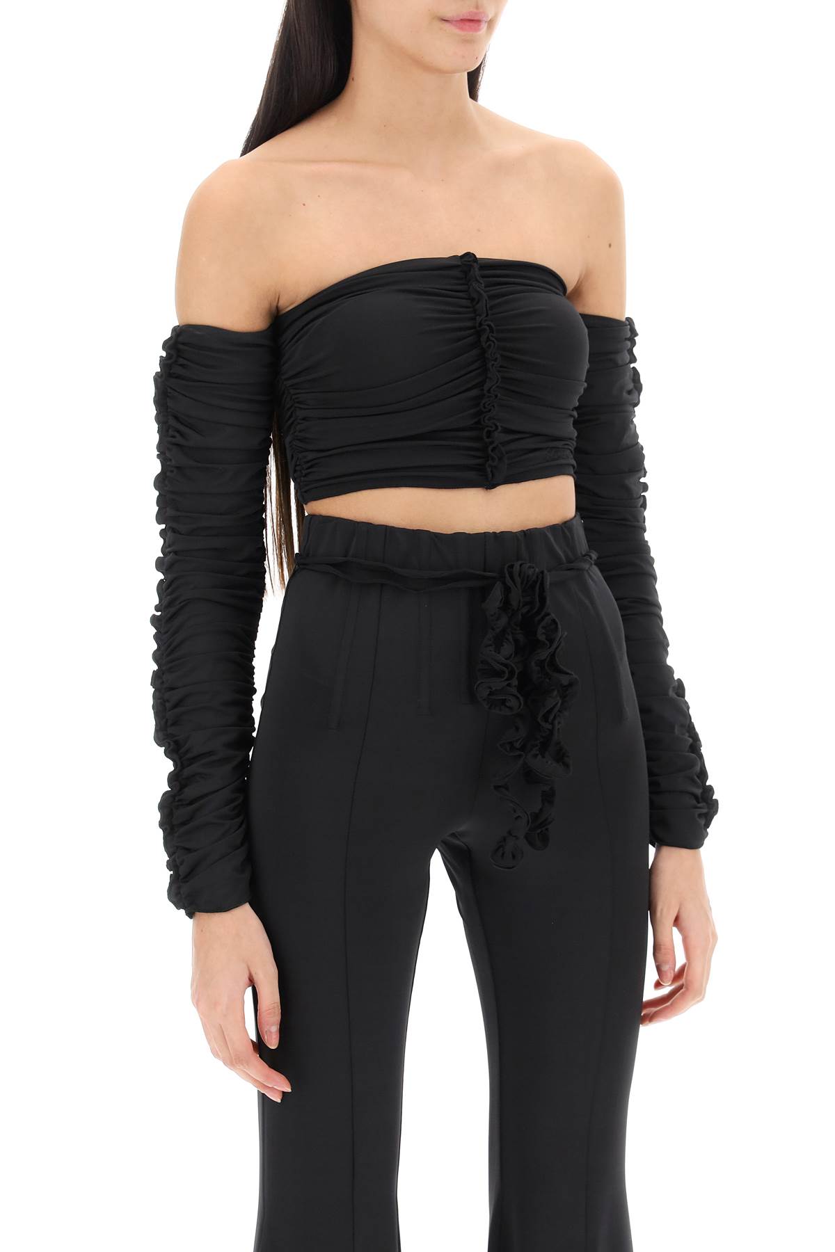 Rotate Birger Christensen Rotate Ruched Off Shoulder Cropped Top In Black (black)
