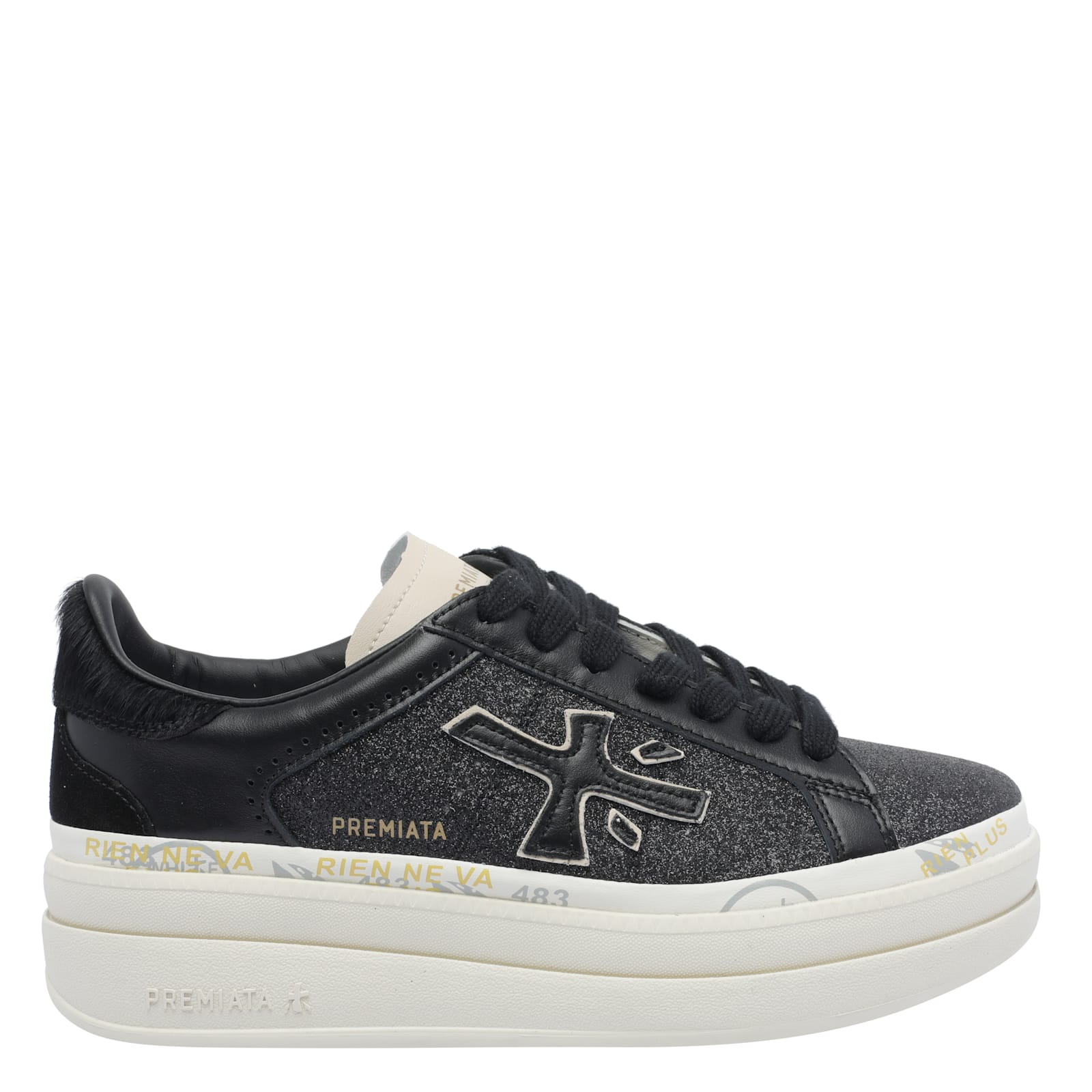 Premiata Platform Sneakers With Glitter And Contrast Tab In Black