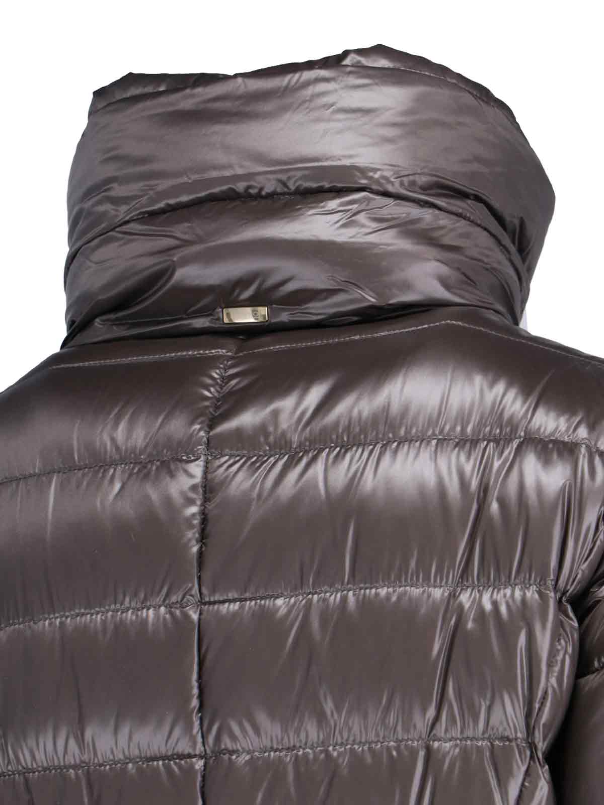 Herno Belted High Collar Long Quilted Shiny Jacket In Gray
