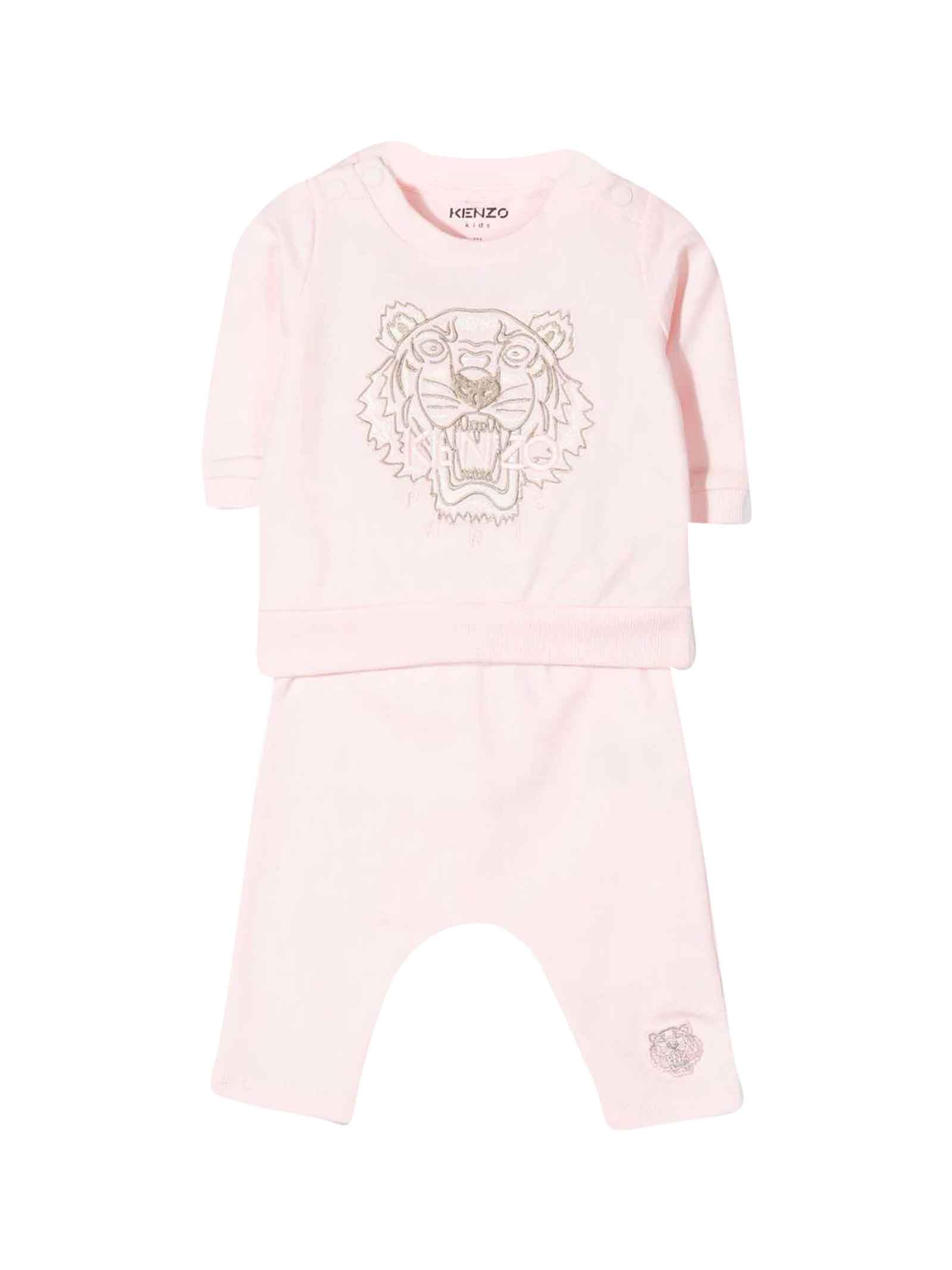 Kenzo Kids Pink Baby Girl Sports Suit, With Tiger Print On The Front. Long-sleeved Sweatshirt, Round Neck And Trousers With Elasticated Waist.