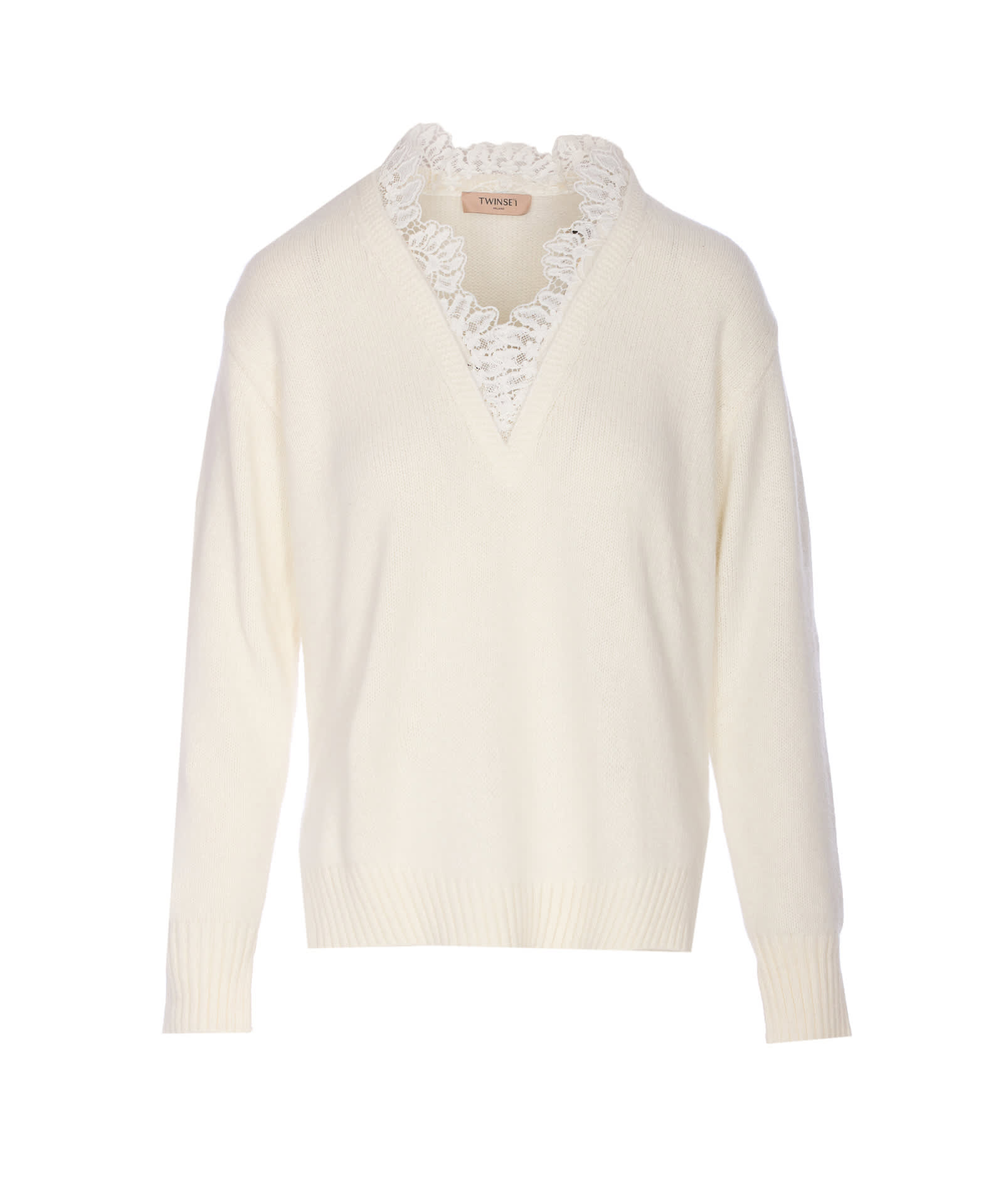 Twinset Angora Blend Sweater With Lace In White