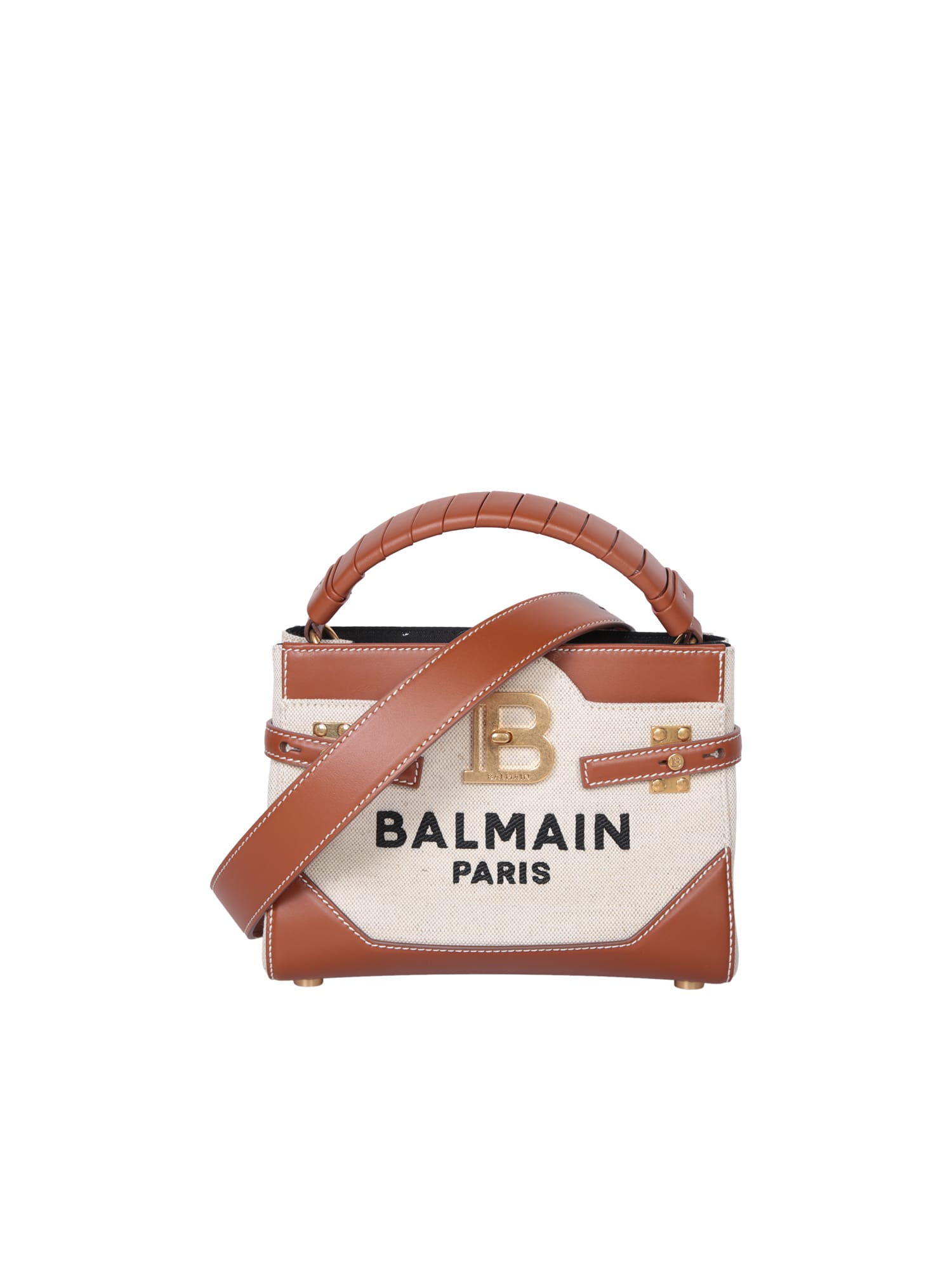 Shop Balmain Bbuzz Top Han Brown Bag In Natural Canvas In Beige
