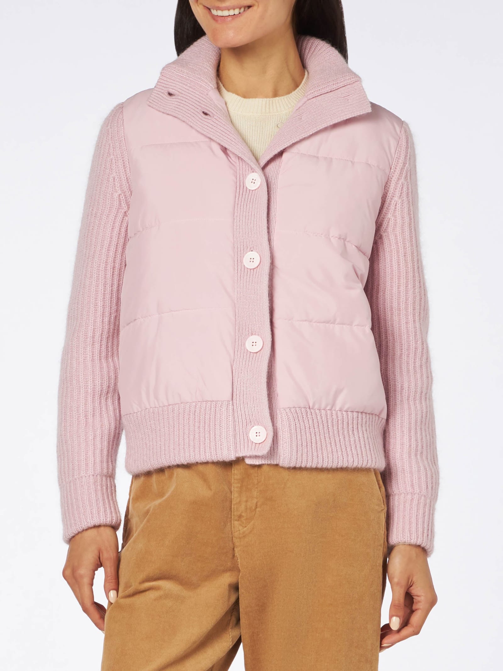 Shop Mc2 Saint Barth Woman Padded Jacket With Knitted Sleeves In Pink