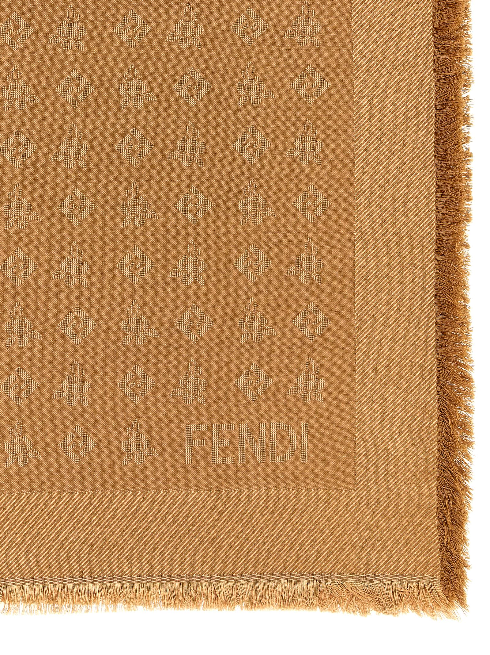 Fendi Monogram Square Shawl Fringed Edges In Brown