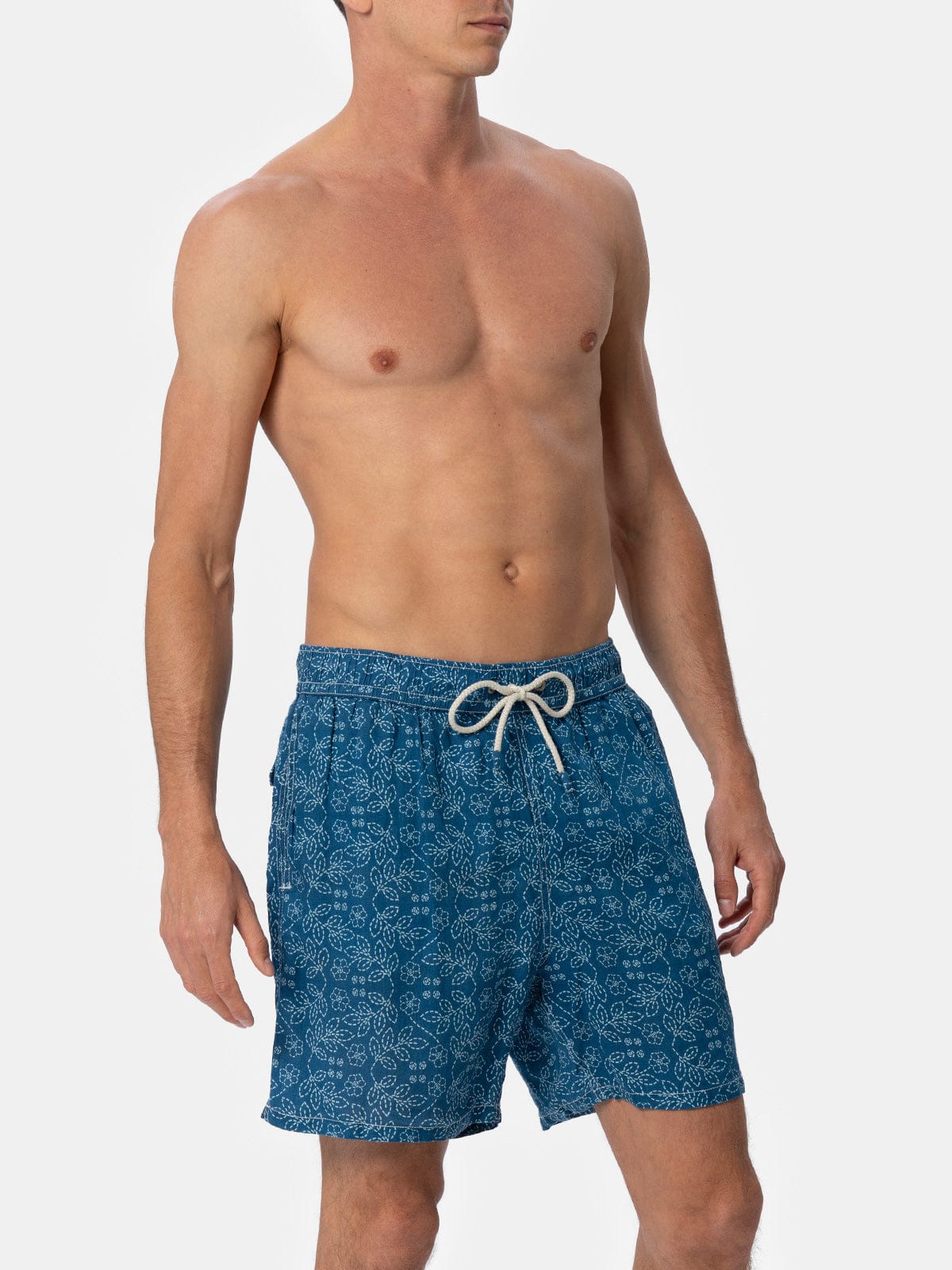 MC2 SAINT BARTH MAN MID-LENGTH LINEN SWIM-SHORTS GUSTAVIA WITH SASHIKO PRINT