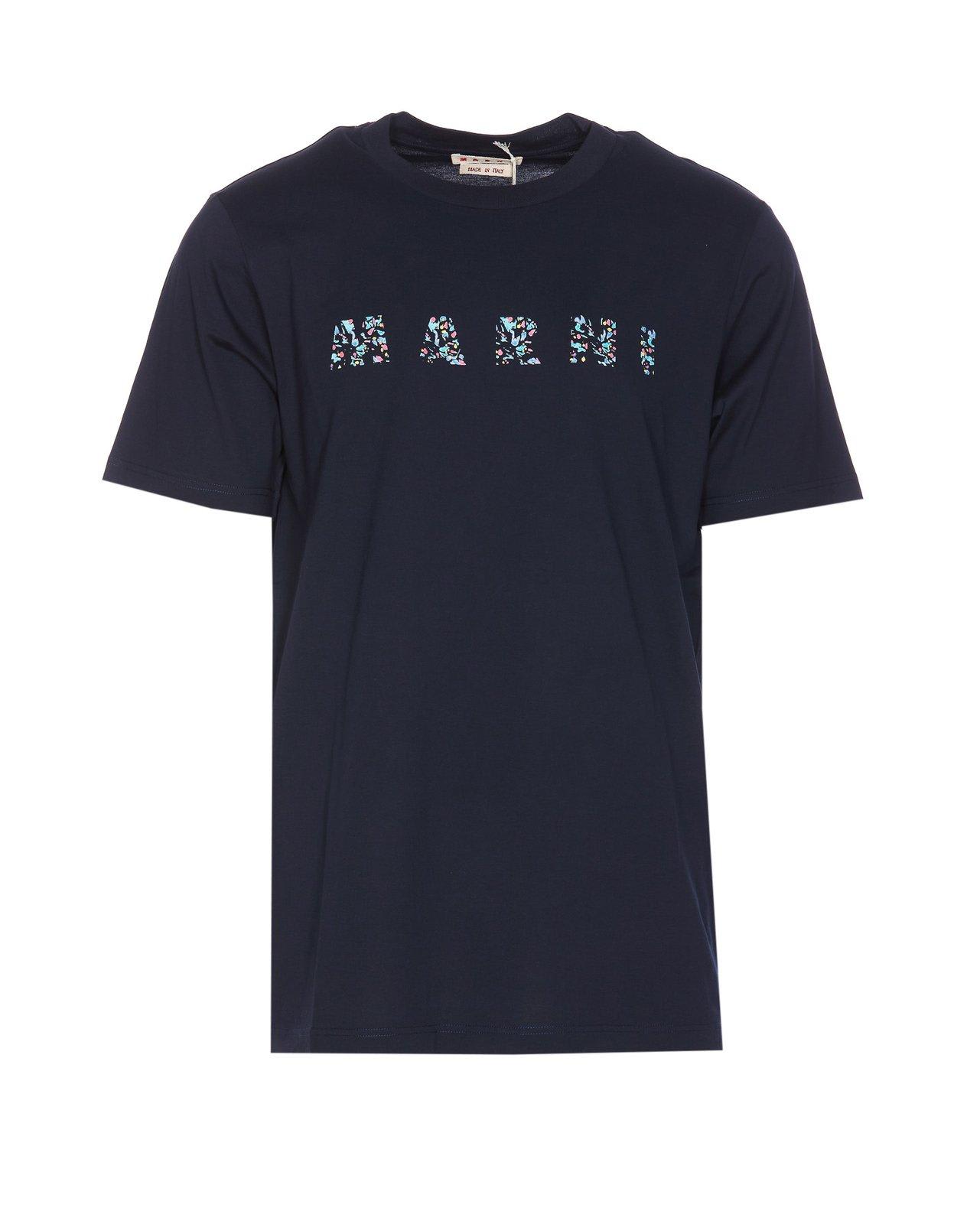 Shop Marni Logo Printed Crewneck T-shirt In Blue Navy