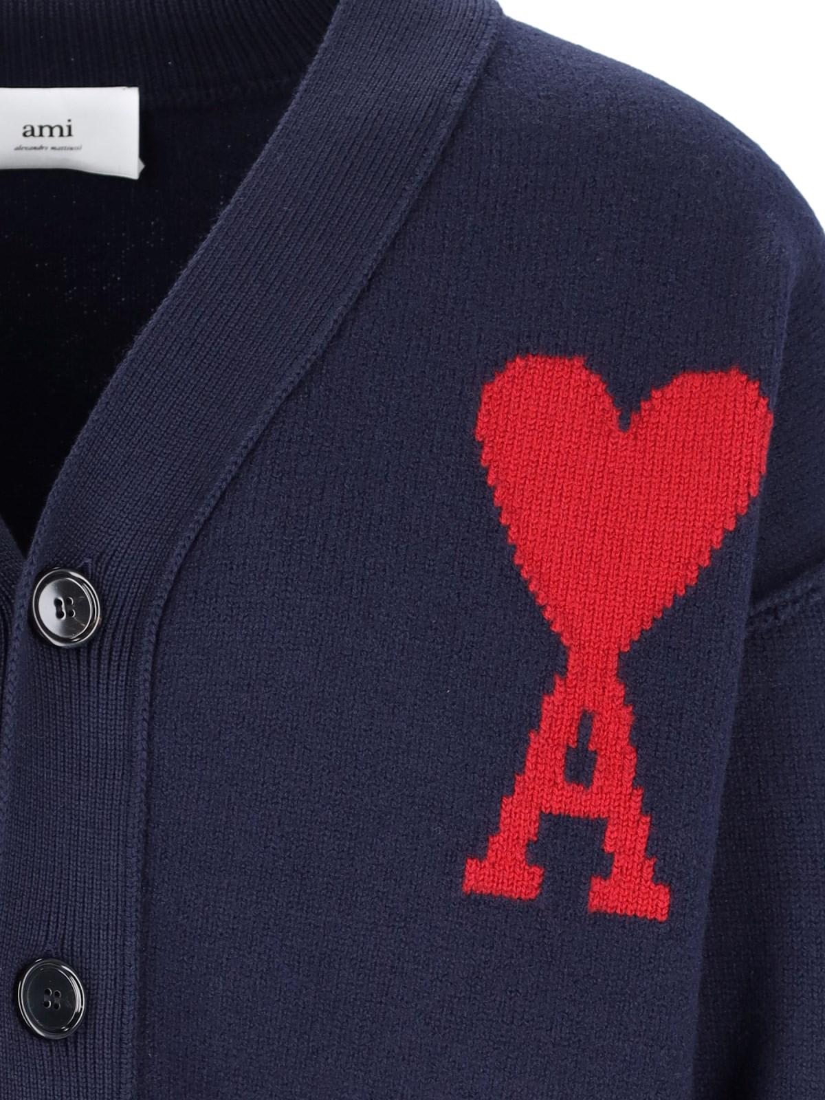 Shop Ami Alexandre Mattiussi Logo Cardigan In Night Blue Red