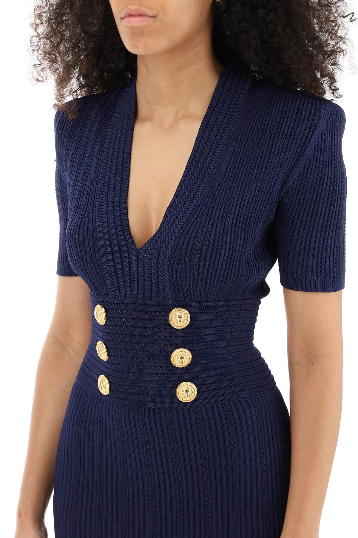 Shop Balmain Knit Minidress With Embossed Buttons In Marine (blue)