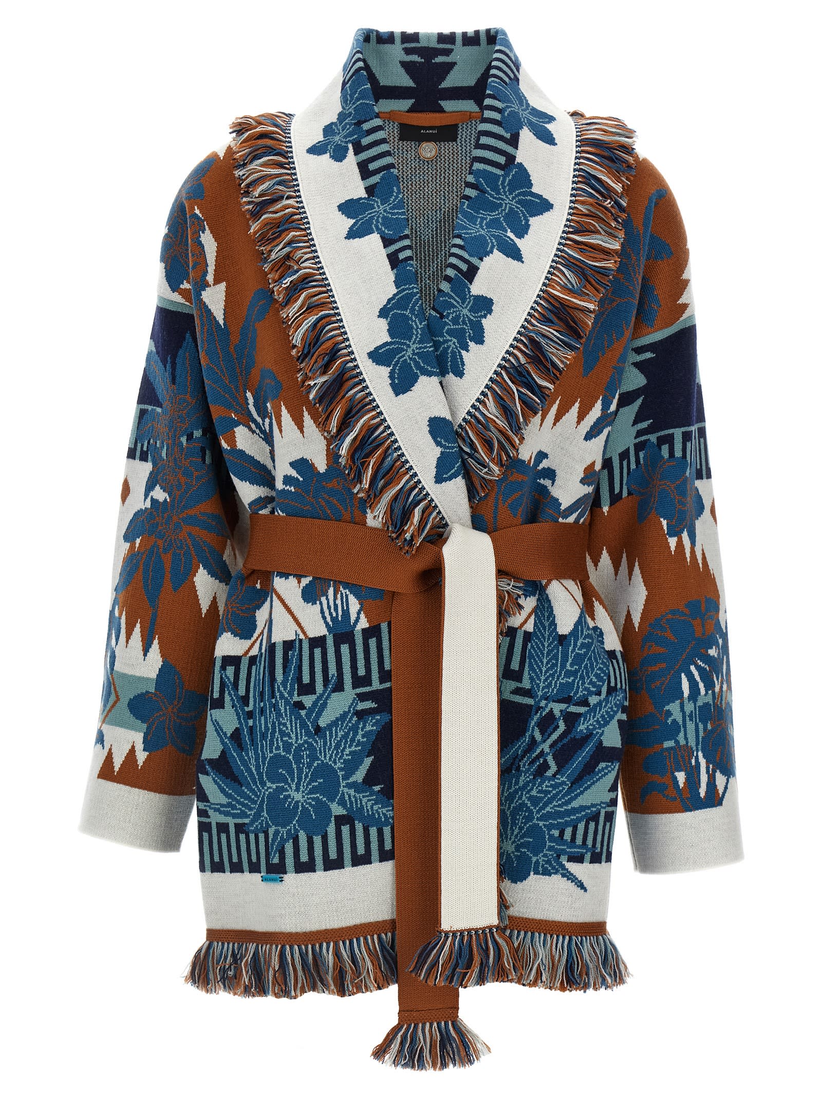 Alanui Long Floral Cardigan With Fringe Shawl Collar In Multi
